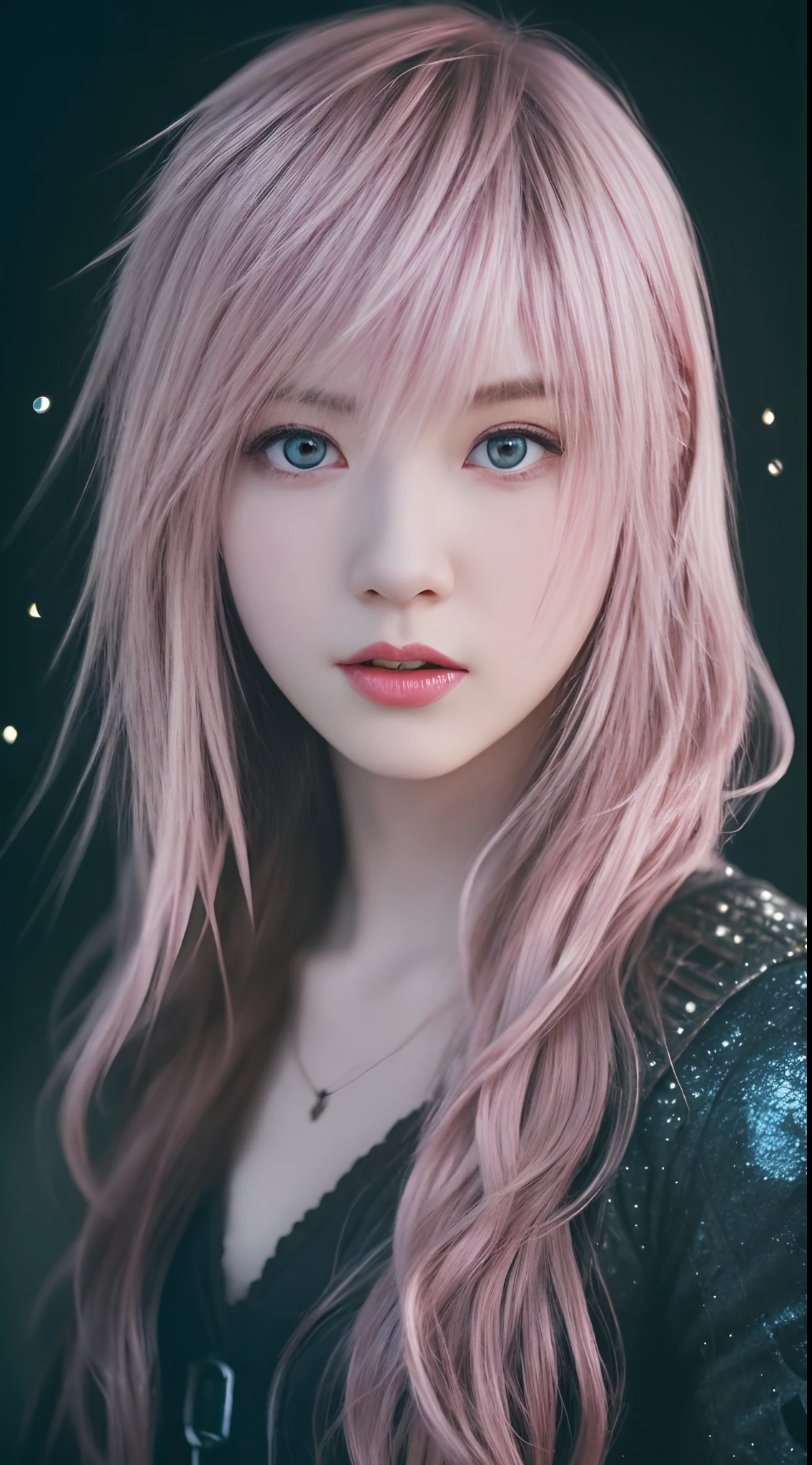 ​masterpiece、top-quality、raw、analog style、Stunning full body portrait of beautiful woman、Pink hair、pale-skinned、Bright blue eyes、dark ilumination、focused expression、(highlydetailed skin、Skin Details)、foco nítido、8K UHD、Digital SLR、hightquality、film grains、FujifilmXT3、intricate-detail、Very detailed, Cluttered and detailed background