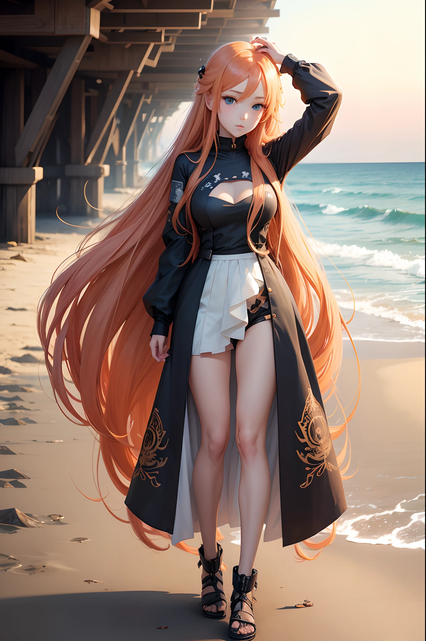anime girl with long orange hair standing on beach near ocean, green eyes, !fixed eyes, anime girl with long hair, detailed digital anime art, beautiful anime portrait, anime girl with long hair, trending on artstation pixiv, beautiful anime artwork, beautiful anime woman, beautiful anime girl, smooth anime cg art, extremely detailed artgerm, fine details. girls frontline, beautiful anime art