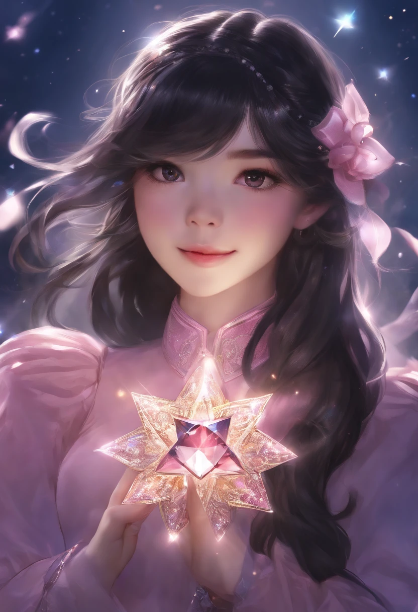 chest out, absurdres, superfine illustration,rainboweffect, highres, ultra detailed,light diffusion,highly detailed light reflection, kaleidoscope, harmonious, best shadow, highly detailed very beautiful big smile face, ;D, beautiful growing crystal diamond star pupil,look at viewer, beautiful detailed hair, solo, dynamic pose, beautiful detailed pink and black ribon, beautiful detailed High school uniform, Fantastic and the whole shines and shooting star and the wind is strong in detail background