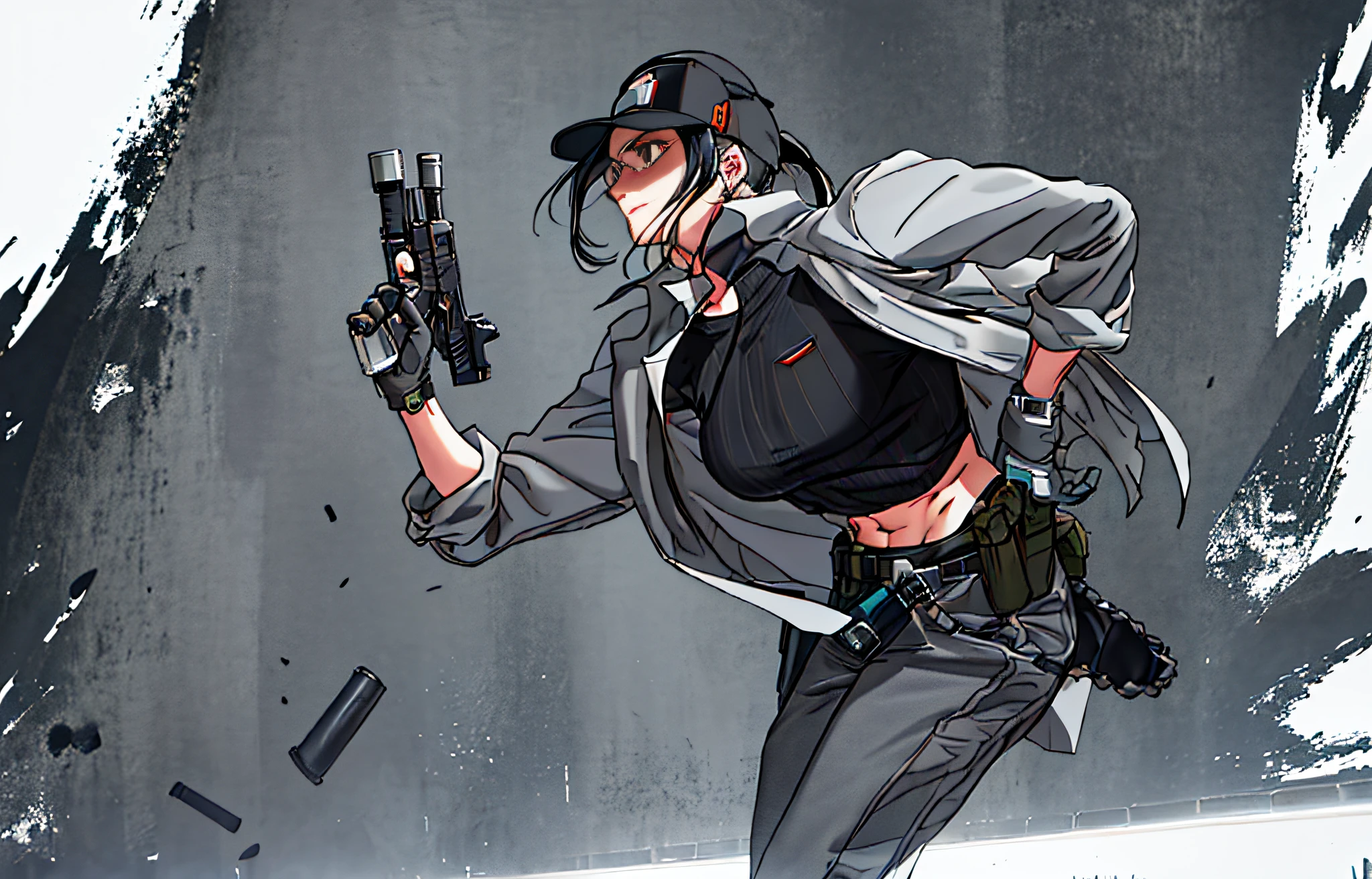 detailed background, highres, official art, (masterpiece, best quality, absurdres, highly detailed), anime girl, detailed full body concept, ((1girl, solo)), argyle, argyle legwear, baseball cap, ponytail, long hair, black hair, grey hat, grey belt, grey pouch, black bodysuit, grey gloves, white jacket, high collar, headset, long sleeves, sleeves rolled up, midriff, grey pants, checkered legwear, handgun, holding guns, holding handgun, ammunition pouch, magazine (weapon), serious, toned, stomach, belly, navel, looking away, orange-tinted eyewear, black eyes, outdoors, from side