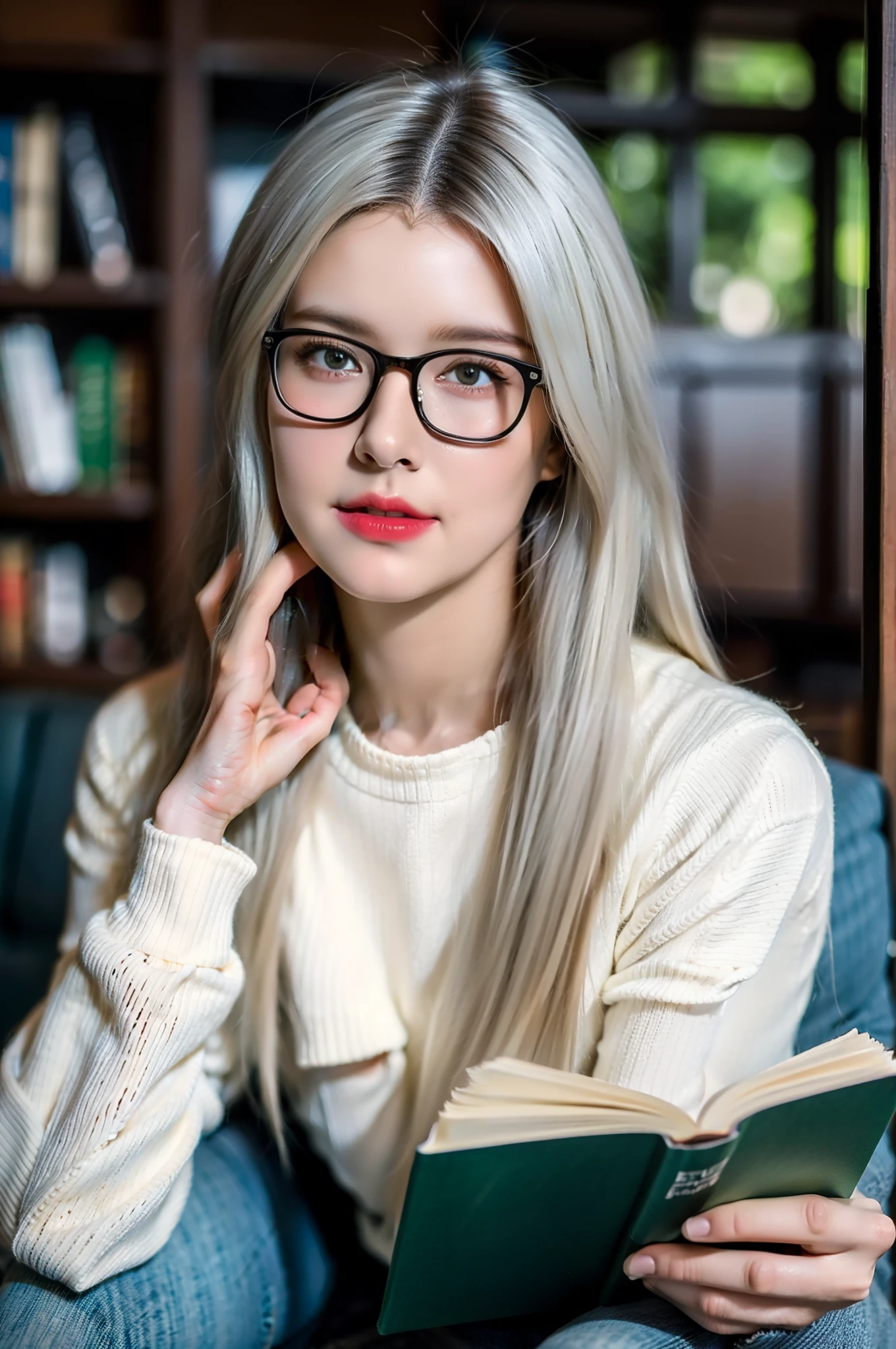 (best quality, ultra-detailed), a girl reading a textbook, beautiful detailed eyes, (green eyes:1.2), beautiful detailed lips, longeyelashes, studying, a quiet library, soft natural lighting, bookshelves filled with books, curled up on a cozy armchair, reading glasses, concentrated expression, flowing hair, (white hair:1.3), plaid skirt and bluesky sweater, high-res image, vivid colors, ultra-realistic, photorealistic, photograph, photogenic, bokeh.