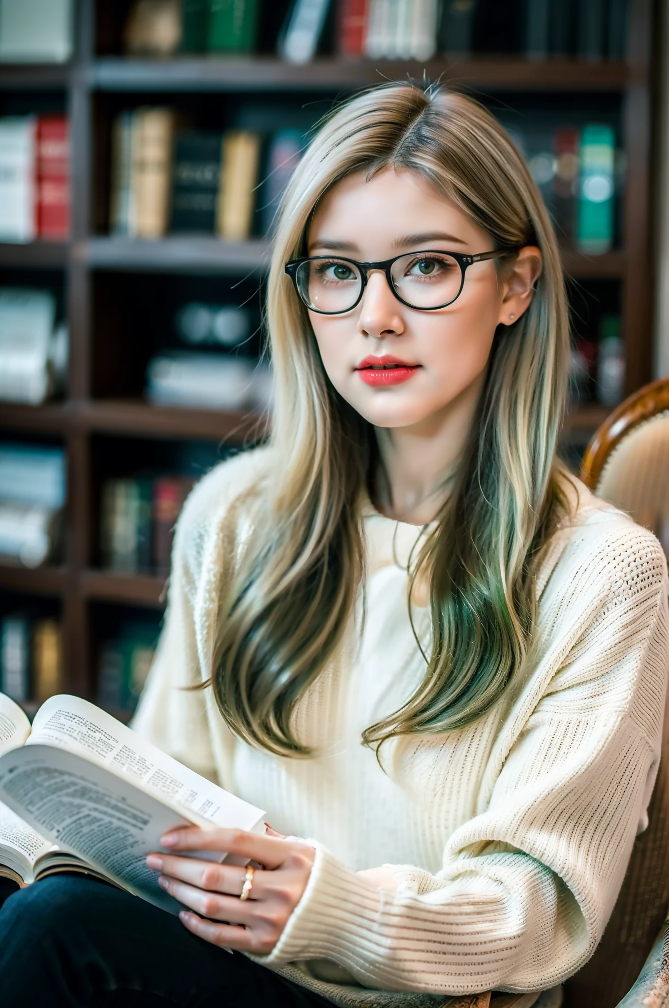(best quality, ultra-detailed), a girl reading a textbook, beautiful detailed eyes, (green eyes:1.2), beautiful detailed lips, longeyelashes, studying, a quiet library, soft natural lighting, bookshelves filled with books, curled up on a cozy armchair, reading glasses, concentrated expression, flowing hair, (white hair:1.3), plaid skirt and bluesky sweater, high-res image, vivid colors, ultra-realistic, photorealistic, photograph, photogenic, bokeh.
