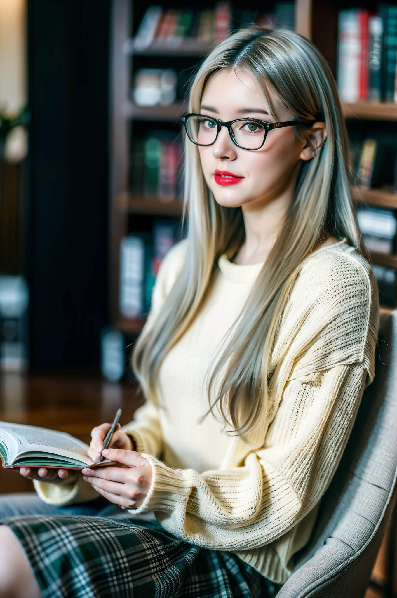 (best quality, ultra-detailed), a girl reading a textbook, beautiful detailed eyes, (green eyes:1.2), beautiful detailed lips, longeyelashes, studying, a quiet library, soft natural lighting, bookshelves filled with books, curled up on a cozy armchair, reading glasses, concentrated expression, flowing hair, (white hair:1.3), plaid skirt and bluesky sweater, high-res image, vivid colors, ultra-realistic, photorealistic, photograph, photogenic, bokeh.