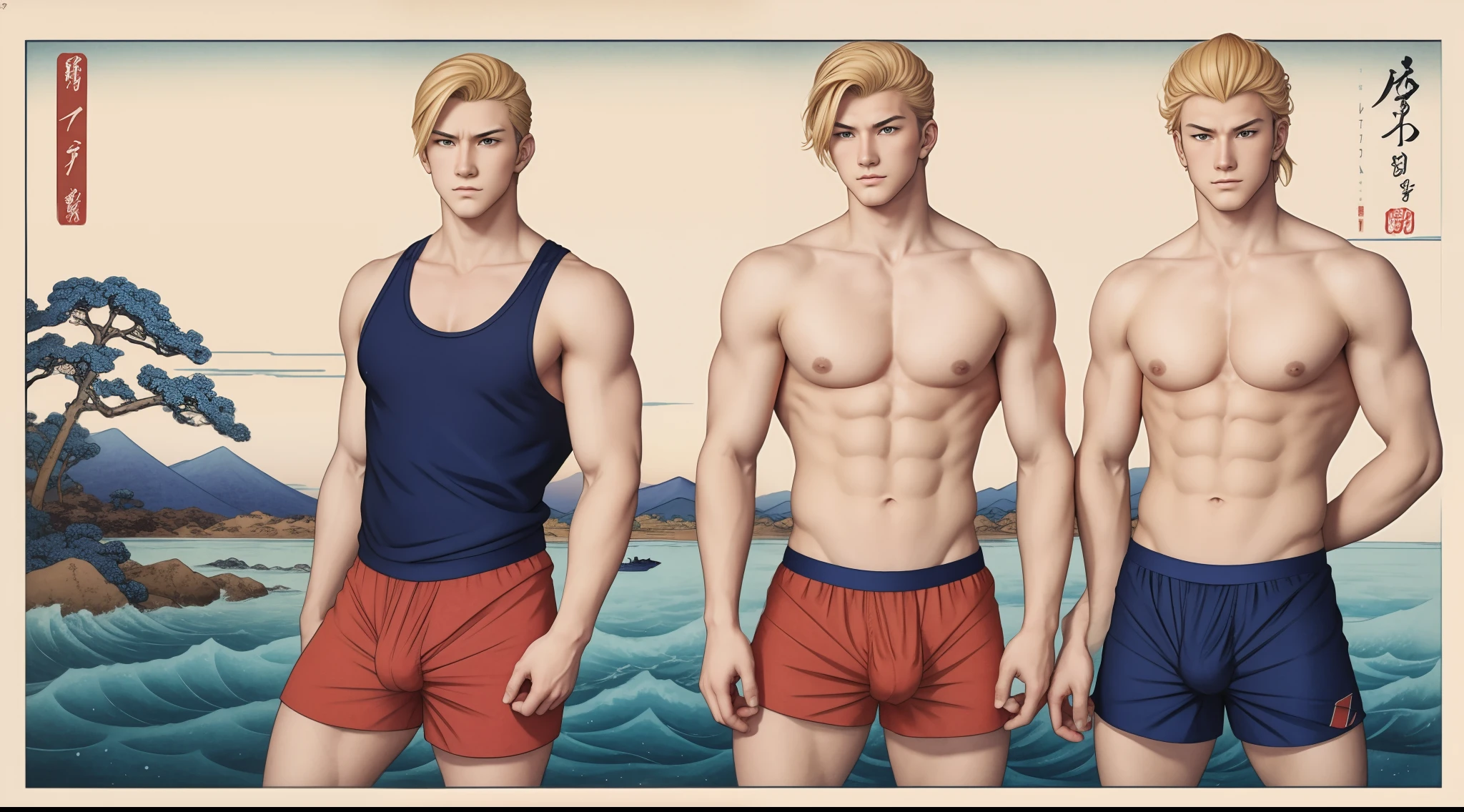 Ukiyo-e, 2 young males, blonde, river, screensaver, boxerbriefs, tank top, caucassian masculine square faces