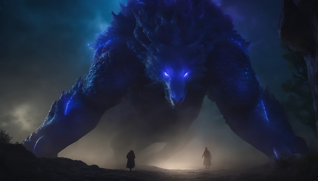 Fantasy world monsters，Emits blue-violet light，Glow effects，the night，中景 the scene is，Full body like， highly detailed surreal vfx，oc rendered，Shoot with 70 mm - AR