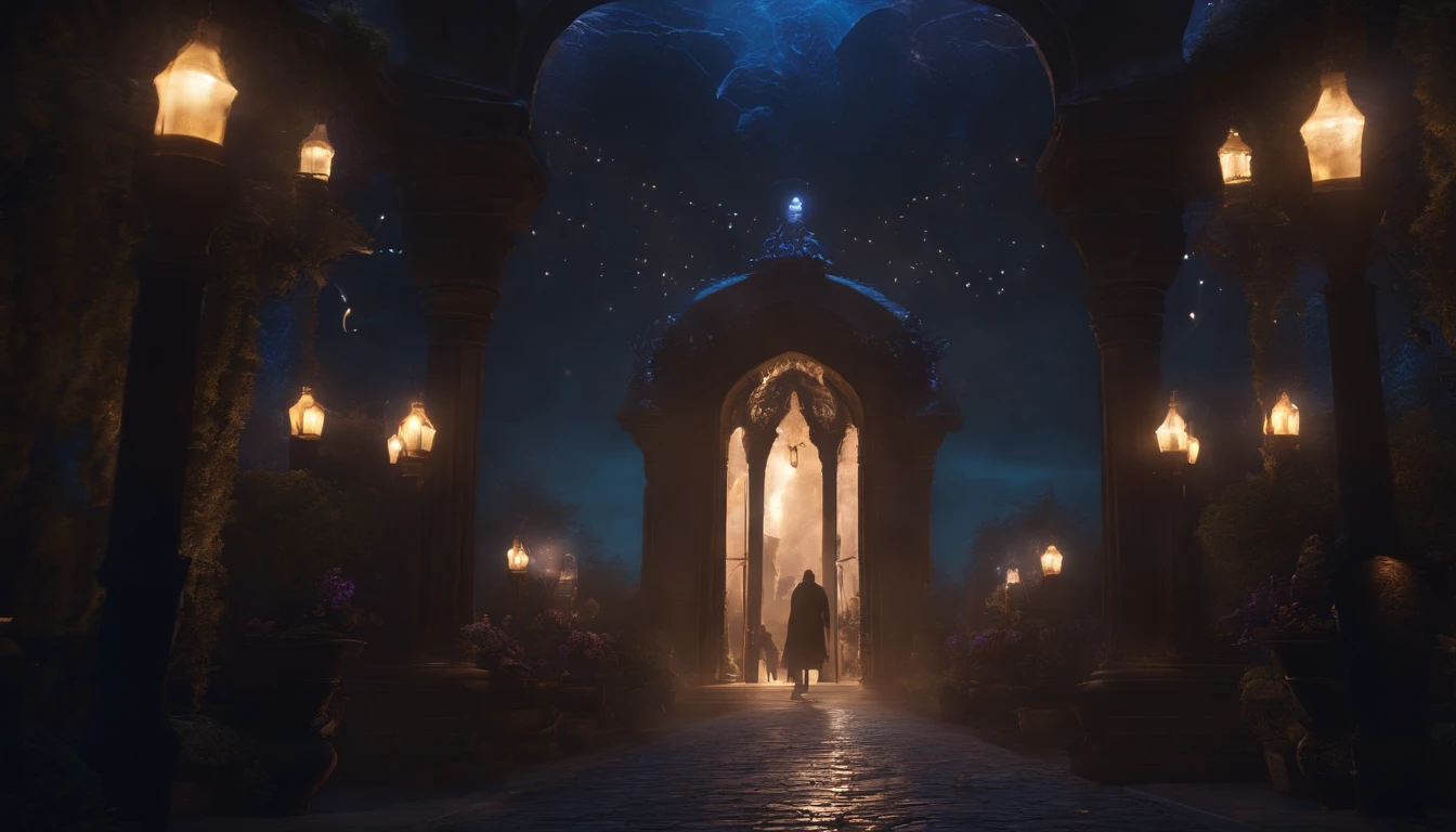 Fantasy world monsters,Emits blue-violet light,Glow effects,the night,中景 the scene is,Full body like, highly detailed surreal vfx,oc rendered,Shoot with 70 mm - AR