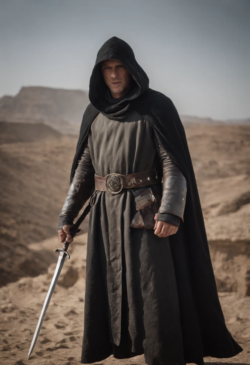 A cloaked swordsman，Doomsday wasteland wind，The face is half obscured by the cloak，The sword is behind his back，Doomsday wasteland wind，Stand up，Blank background