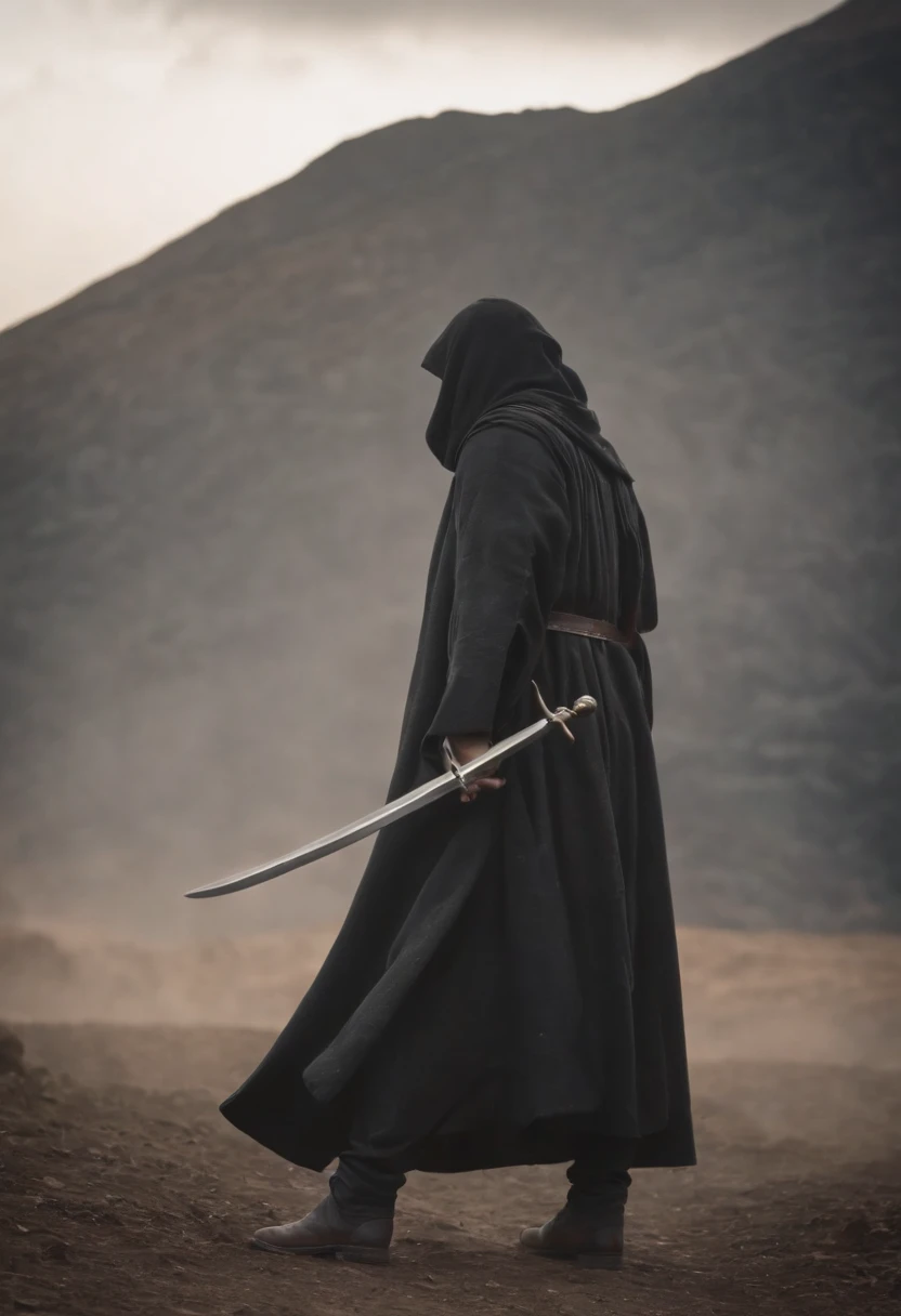 A cloaked swordsman，Doomsday wasteland wind，The face is half obscured by the cloak，The sword is behind his back，Doomsday wasteland wind，Stand up，Blank background