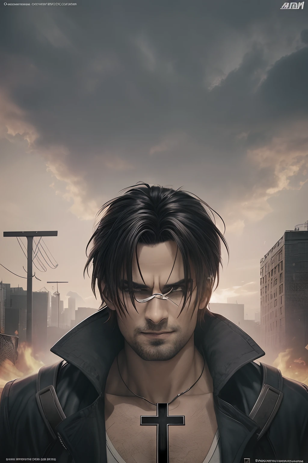 A character with a cross on his chest in an urban setting