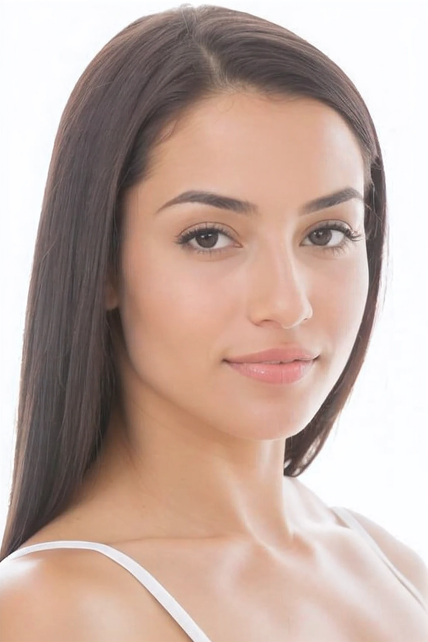 mulher arafed com longos cabelos escuros e um top branco, beautiful face and flawless skin, brilho natural difuso da pele, smooth facial features, lindo rosto atraente, beautiful fine face features, rosto bonito e arredondado, perfect proportions fine face, rosto feminino atraente!!!, flawless olive skin, woman's face looking off camera, rosto bonito atraente, Sobrancelhas retas naturais