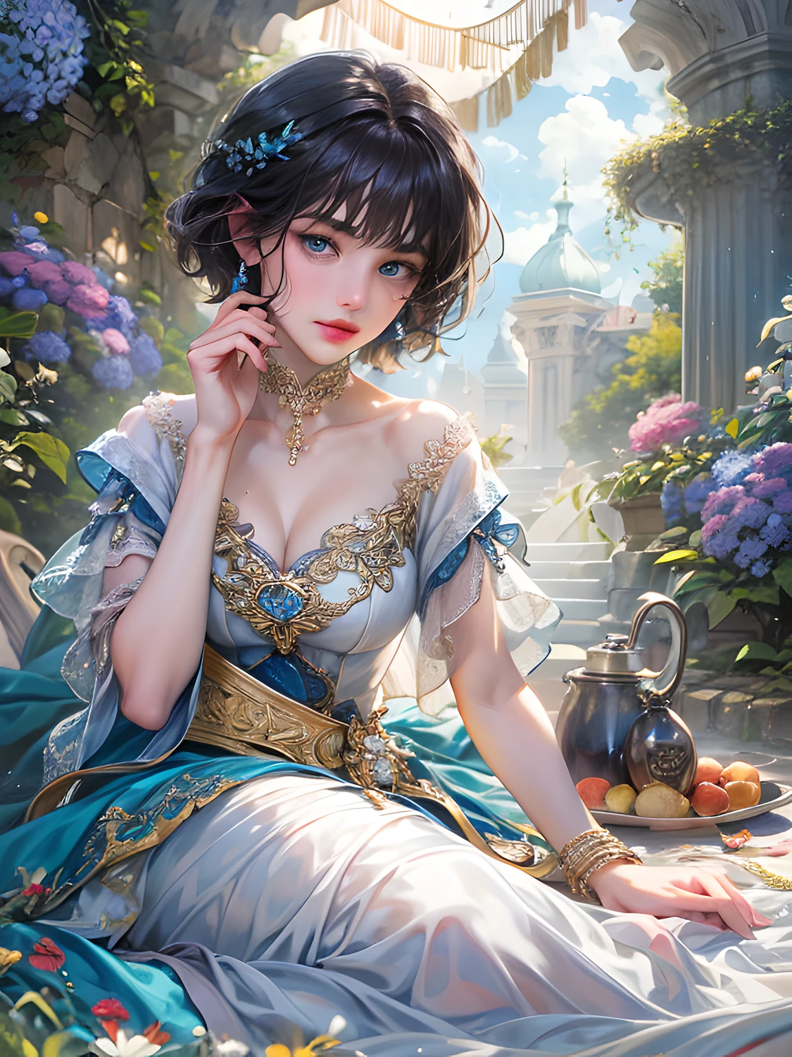 (absurdres, highres, ultra detailed, HDR), masterpiece, best quality, a mature heroine, detailed face, beautiful face with decorative detailed (black short hair with fringe) (blue eyes), blue details , laying on a white picnic mat with curtains in celestial palace garden, detailed character, detailed celestial place of goddess, laplace, fantasy, sunlight, detailed light, detailed shadow, detailed backdrop