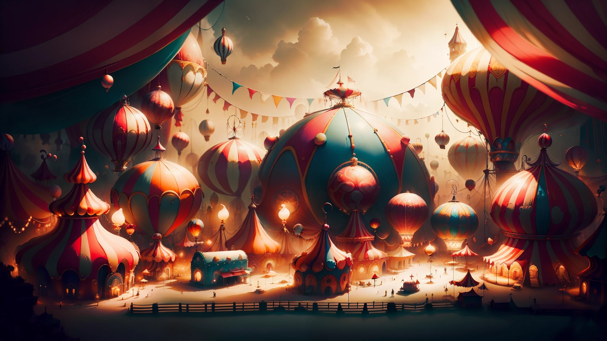 A whimsical carnival scene inspired by Fellini's "La Strada," filled with eccentric characters and fantastical elements. Medium: Dreamlike photography. Style: Fellini's whimsy and chaos. Lighting: Soft, diffused evening glow. Colors: Vibrant and playful. Composition: Canon EOS 5D Mark IV, EF 50mm f/1.8 STM lens