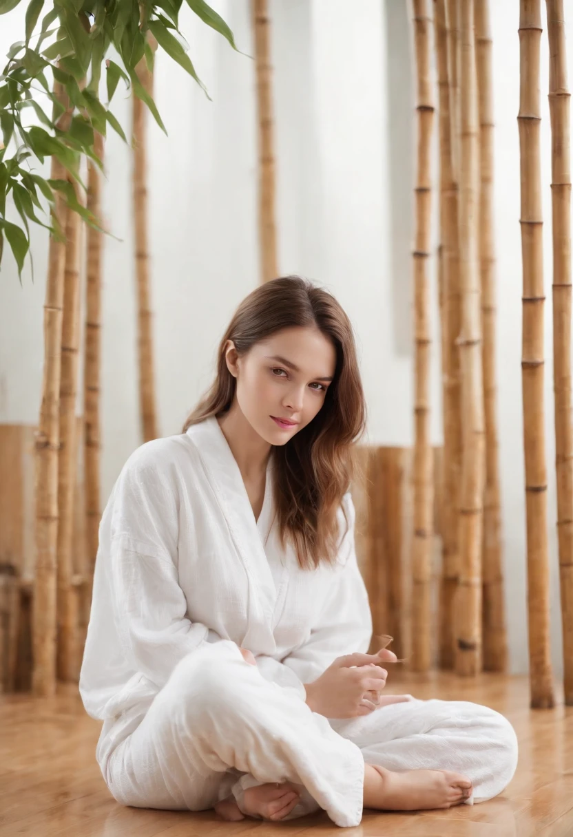 Woman sitting on wooden floor next to a bamboo tree，Head to the right,Lateral face，wearing white pajamas，Hands blessed，young and cute girl,cartoon image,sketching,Bamboo tree white,background whites