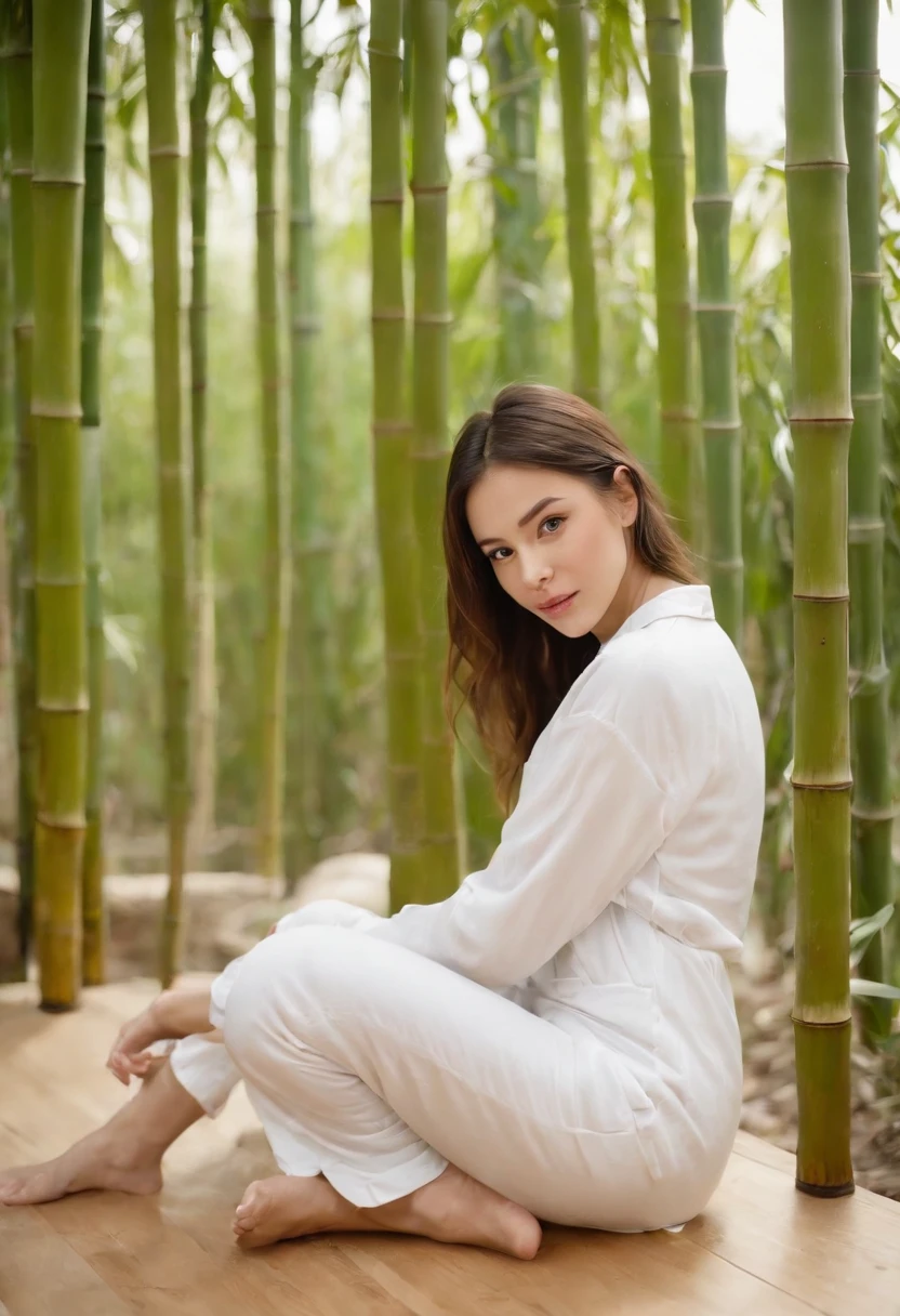 Woman sitting on wooden floor next to a bamboo tree,Head to the right,Lateral face,wearing white pajamas,Hands blessed,young and cute girl,cartoon image,sketching,Bamboo tree white,background whites