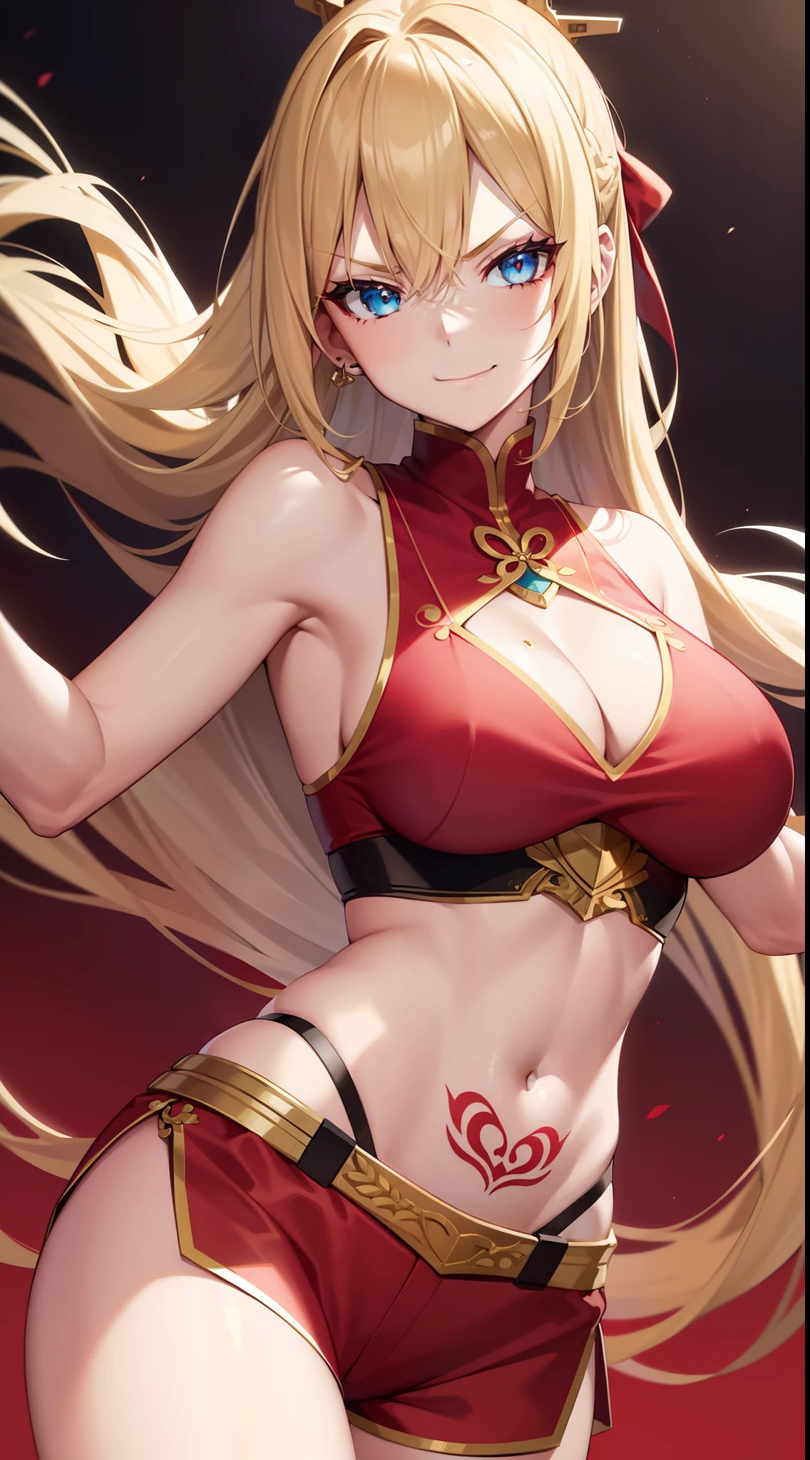 young girl, longue blonde hair, Hairpin with a bundle, turquoise eyes, Yakuza tattoos, red tight uniform, Sleeveless, Wide neckline on the chest to the abdomen, Gold Elements, Red gold armor, Shorts, claws, smirk, Masterpiece, hiquality, 4k, HD, Good detail