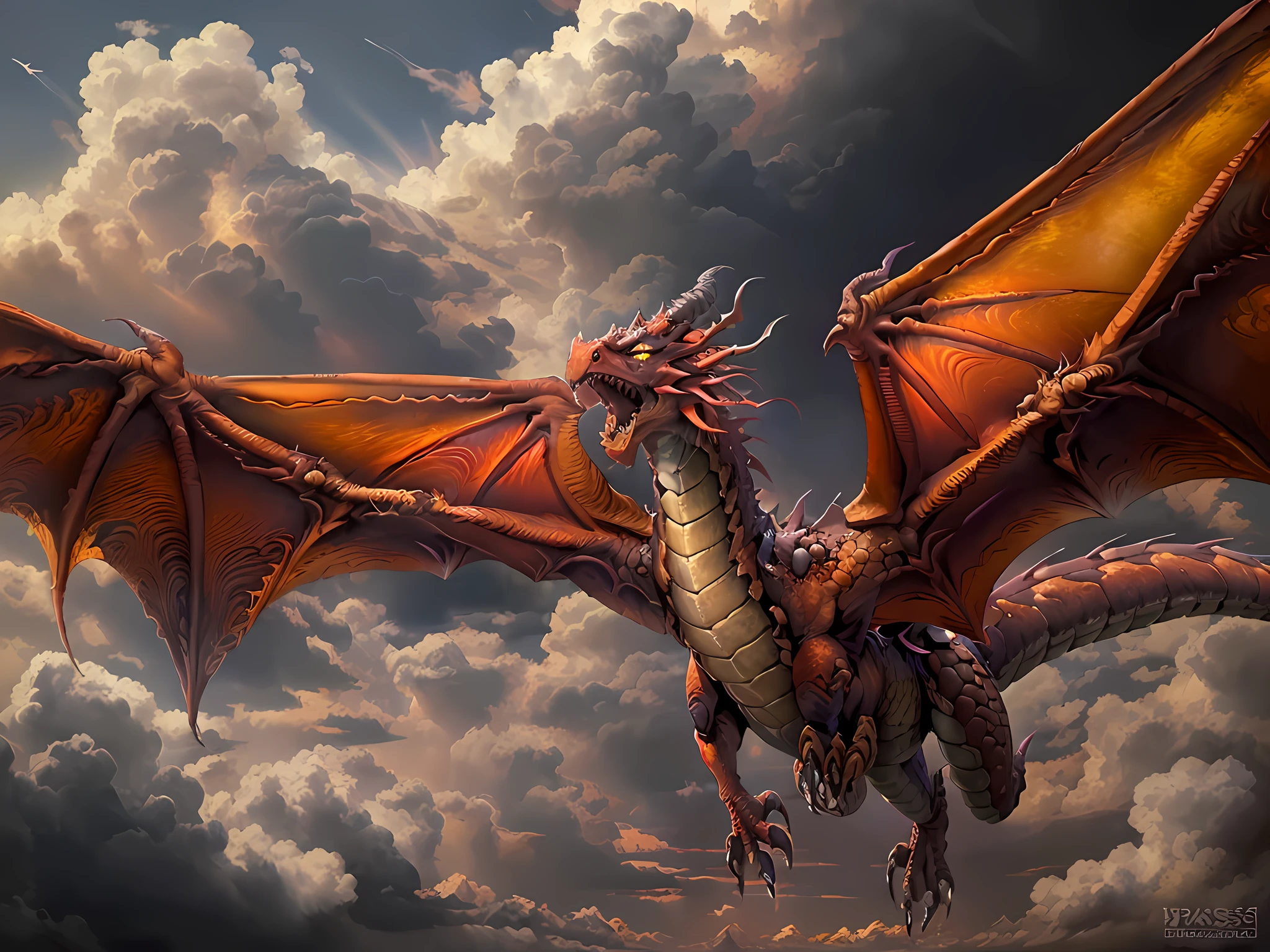 a picture of a red dragon flying in the sky (best details, Masterpiece, best quality :1.5), dragon_real cloudy skies background, an epic red dragon (best details, Masterpiece, best quality :1.5) extremely detailed dragon,  horns, breathing flame red fire, dragon_wings, dragon wings wide spread, ultra detailed face,  birds view, sun rays, red divine rays, sun rays reflected in clouds (best details, Masterpiece, best quality :1.5), sense of dread, sense of awe majestic atmosphere, ultra best realistic, best details, best quality, 16k, [ultra detailed], masterpiece, best quality, (extremely detailed), ultra wide shot, photorealism, depth of field, hyper realistic painting,
