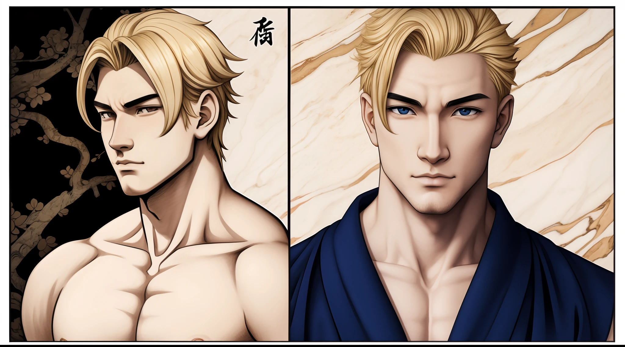 Ukiyo-e, young male, blonde, river, screensaver, cargo pants, topless, caucassian masculine square faces, marble skin