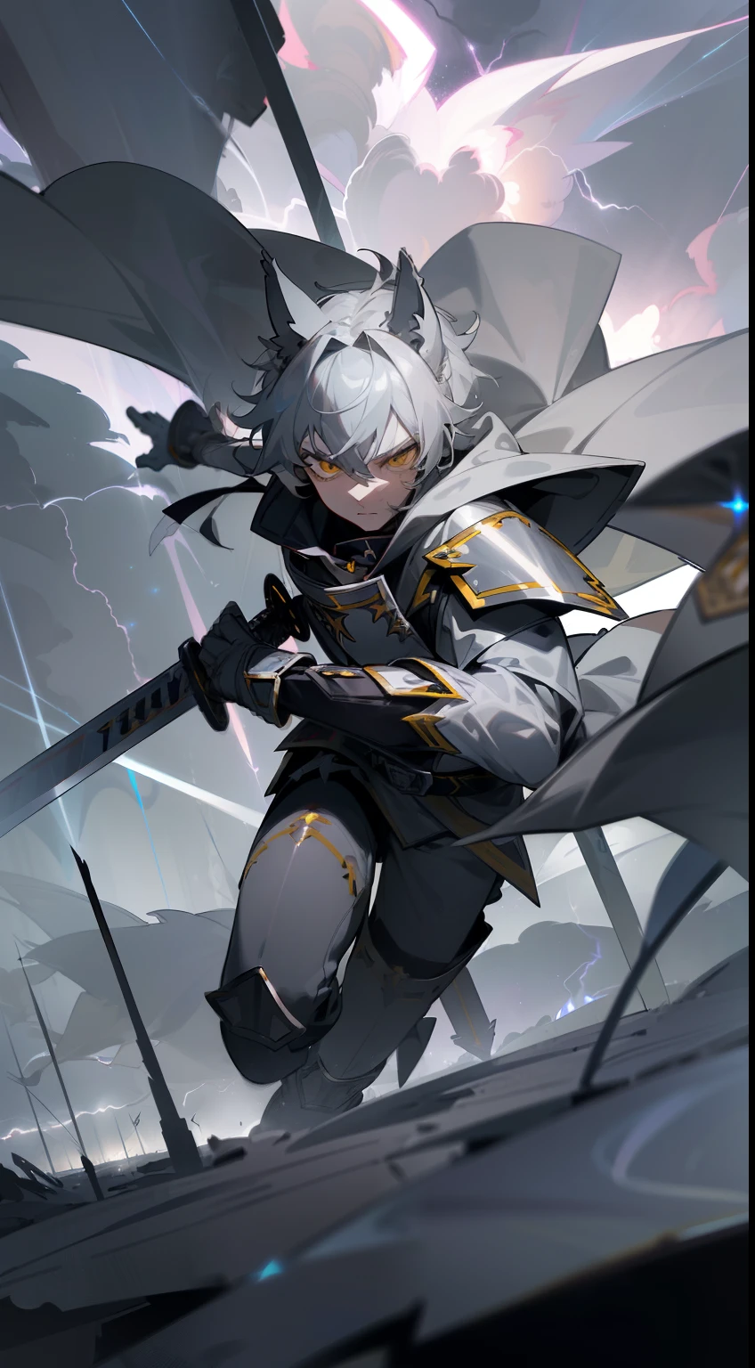 1boy,solo,gray hair,yellow eyes,(( templar silver knight outfit)), wolf ears, wolf tail, serious face, masterpiece, HD, 4k,((thunder and lightnings clounds in the night)),face detailed,((attacking with sword))