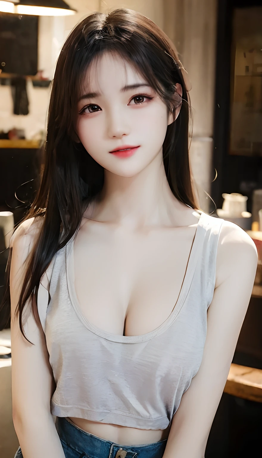 Korean girl, black hair, older sister, smiling at the narrator with hair in a ponytail, high definition image, masterpiece, (beautiful girl, café, seductive, virgin, sexy), (secretary), coquettish smile, coquettish woman, emphasized, cleavage, (((huge breasts: 1.4)), lewd, erotic