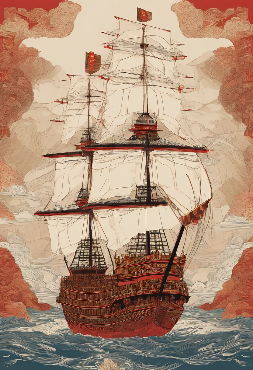 Zheng He treasure ship,Deconstruct the reorganization,Chinese pattern,incise,constitute,Graphic illustration,Constructivism,Abstract