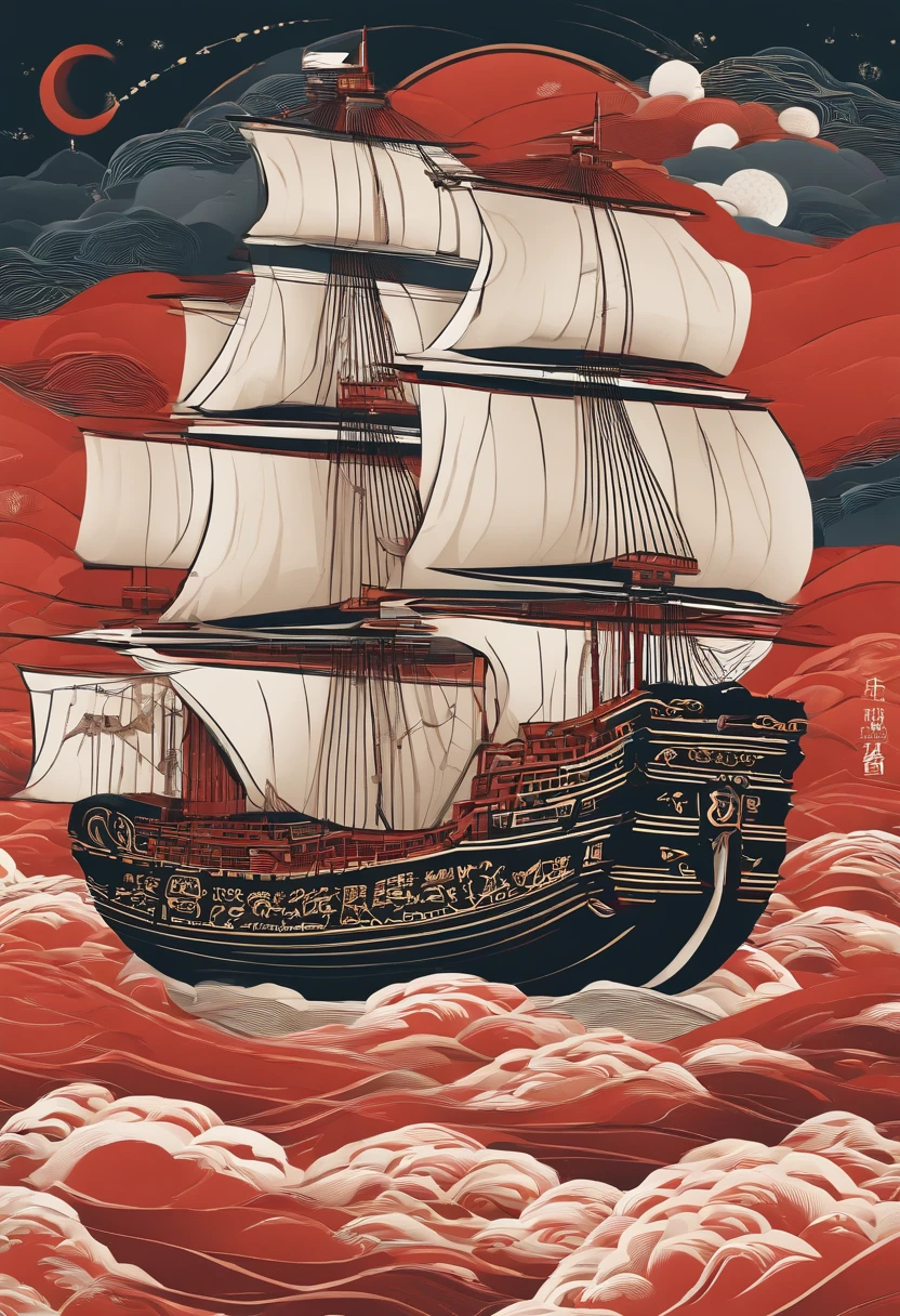 Zheng He treasure ship,Deconstruct the reorganization,Chinese pattern,incise,constitute,Graphic illustration,Constructivism,Abstract