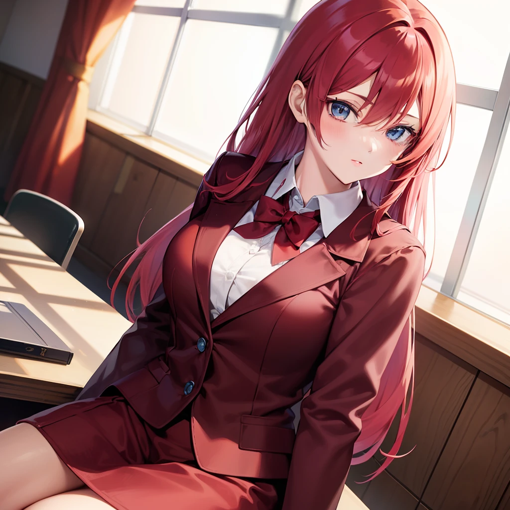 A pretty anime lady inside a classroom, wearing a classy clothes for woman, red-haired, light blue eyes, long silky red crimson hair, a young lady wearing a classy clothe.