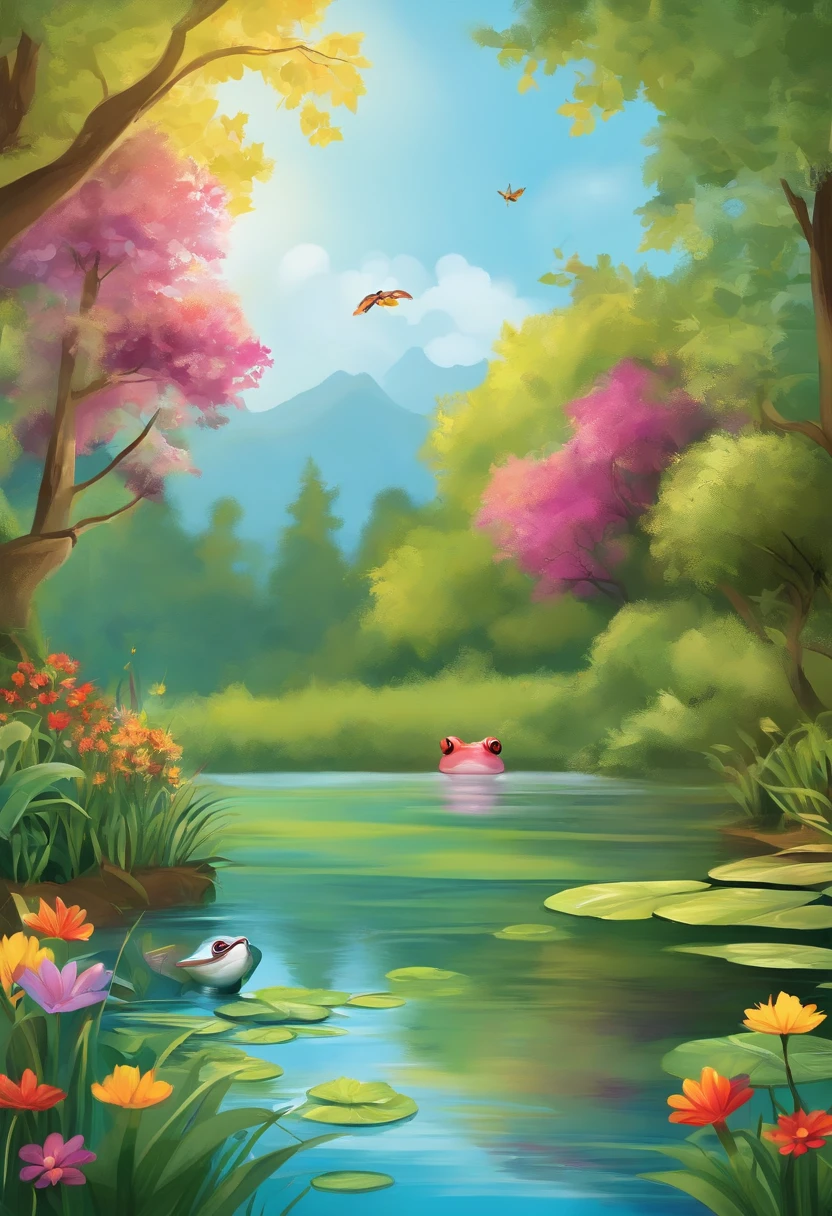 Draw a serene and peaceful lake, surrounded by lush and colorful plants. On one of the banks, a small frog is sitting, happy and satisfied. Around the lake, there are other friendly animals such as birds singing, butterflies dancing and dragonflies buzzing. Create a magical and enchanting scene that will transport children to a world of imagination and adventure!
