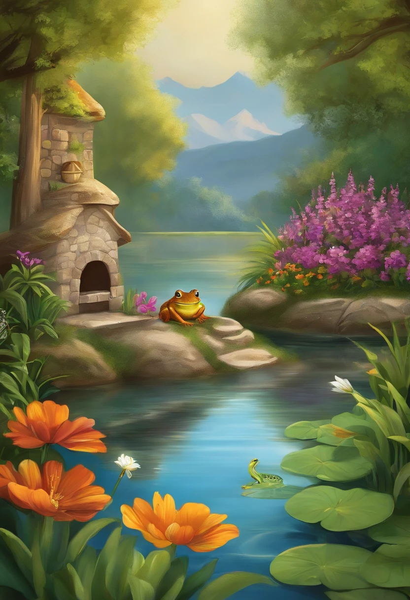 Draw a serene and peaceful lake, surrounded by lush and colorful plants. On one of the banks, a small frog is sitting, happy and satisfied. Around the lake, there are other friendly animals such as birds singing, butterflies dancing and dragonflies buzzing. Create a magical and enchanting scene that will transport children to a world of imagination and adventure!