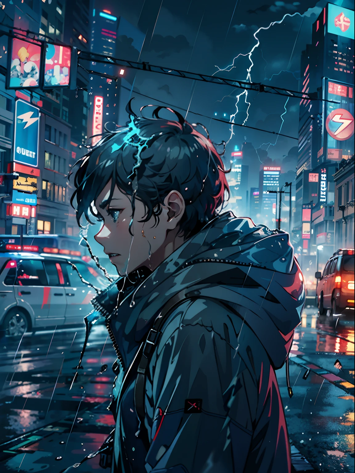 1boy,a 13 yo boy、Wet body、Cyberpunk Boy、The beginning of the adventure、(drenching:2)、(Lightning:1.5)、Lots of clouds,heavy fog、Fog,Chaotic city of the future、Movie dystopia、A group of very tall skyscrapers stands in the center、Very complex cityscape,Crowded Chinese skyscrapers、street signs、streetlights、taxis、buses、Train、Blue lighting,Dark road、Lots of puddles、splash water、Chaotic、Beautiful and fantastic scenery、Cinematic scenery、hightquality、masutepiece,in 8K、hight resolution、