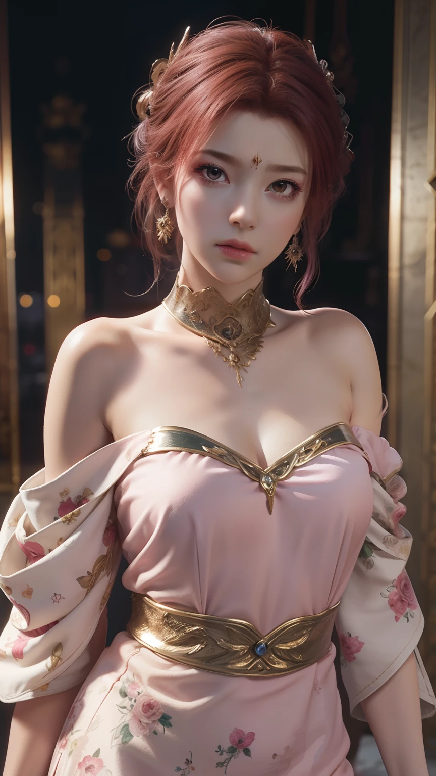 Best Quality, Masterpiece, Ultra High Resolution, (Realisticity: 1.4), Original Photo, 1girl, Pink Off-the-Shoulder, Cinematic Lighting