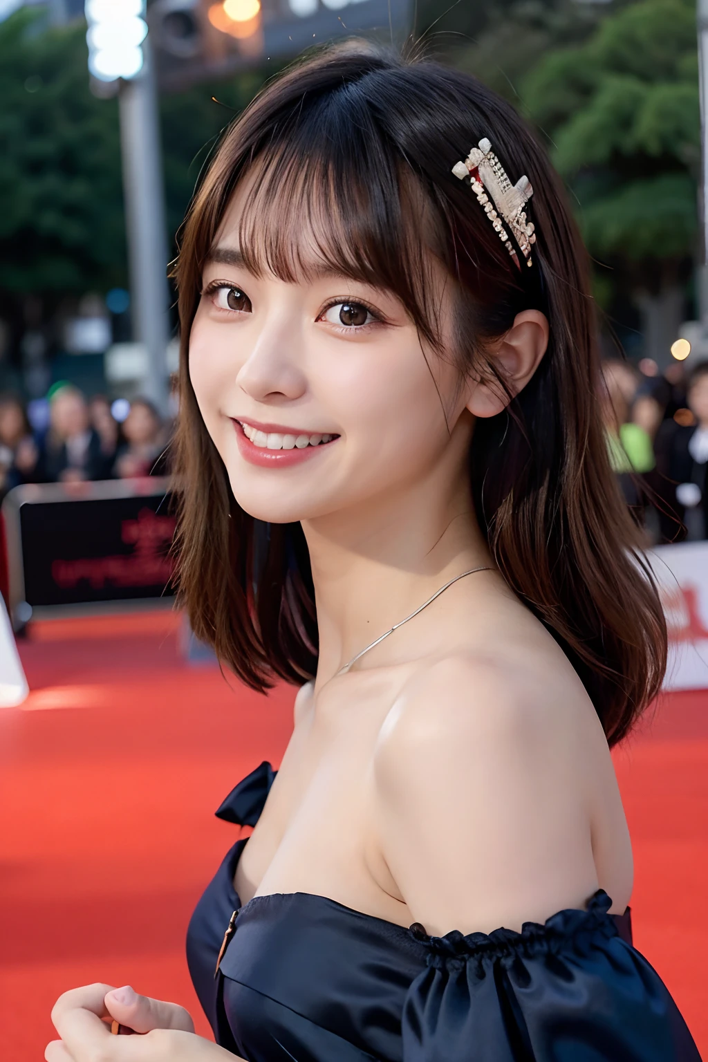a closeup, ​masterpiece, top-quality, Raw foto, Photorealsitic、sideshot、unbelievable Ridiculous, beautiful a girl, High brand ultra-luxury dress with open chest、Glossy fabric、Half-up hairstyle、large brests、The look of joy when reunited with a lover、A smile、(Hide your mouth with your hands and smile)、Hair fluttering in the wind、女優、On the red carpet、depth of fields, hight resolution, ultra-detailliert, finely detail, ighly detailed, extremely detailed eye and face, Sharp pupils, foco nítido, Cinematic lighting