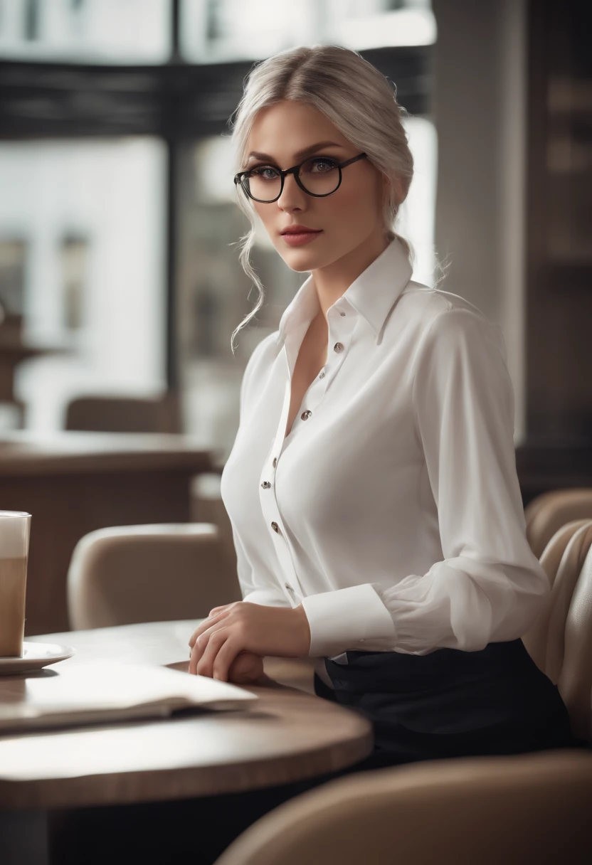 At best....., high-detail, master-piece, ultra-detail, (Realistic:1.2), 1girls, ( Cafe Background),, delicate eyes, silver-haired, purple eyes, Hair ornaments, (Clear Buttons White Tight Office Shirt:1.3),Hair length, light_ear, diadem_braid, expressionless, straight hair, (++ Seated: 1.2), large boobs,lifelike,soft colors,Wear glasses