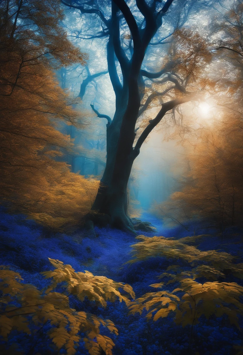 A forest with blue trees surrealist style