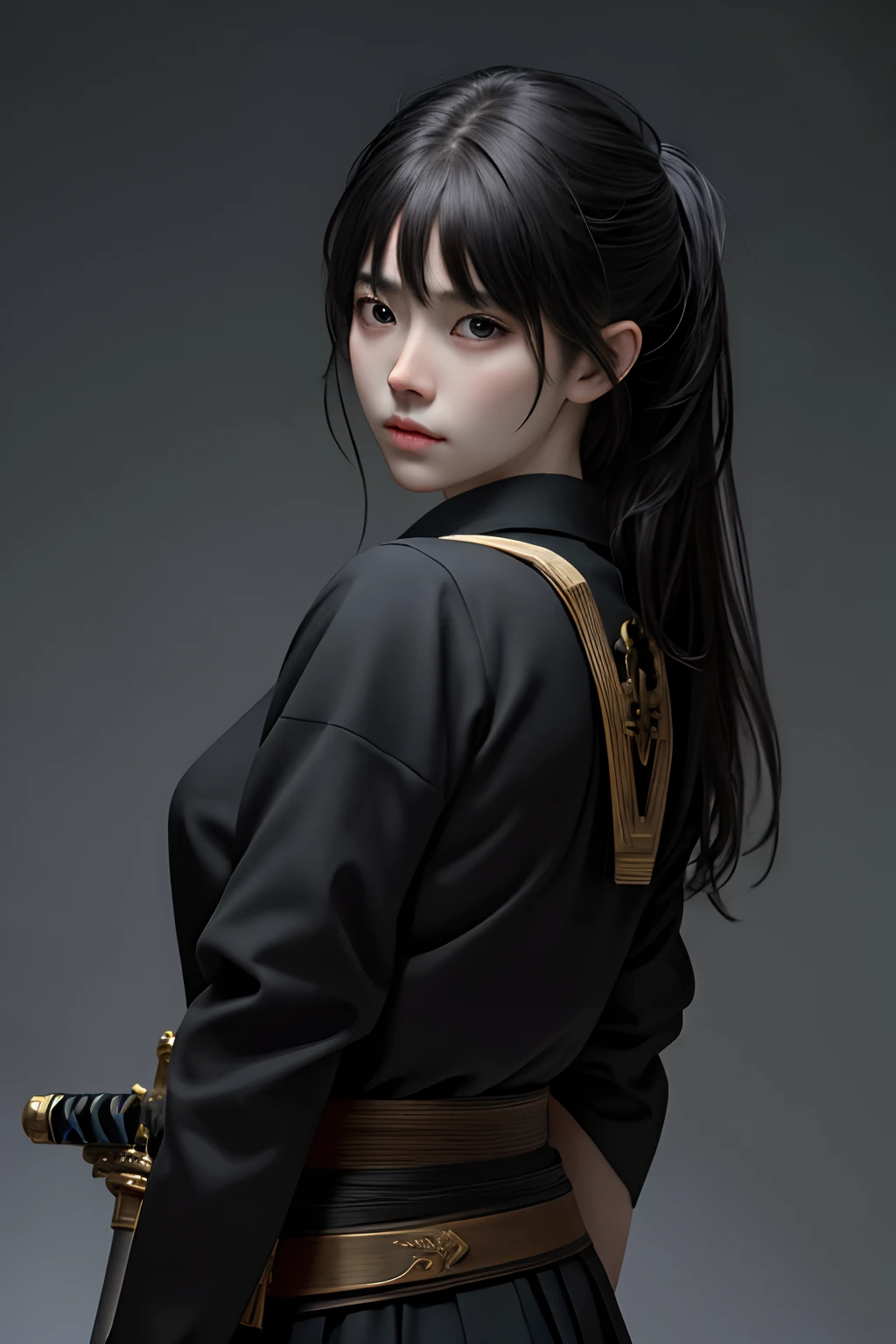 masterpiece, realistic, realism, photorealism, high contrast, photorealistic digital art trending on Artstation 8k HD high definition detailed realistic, 1girl, cute young woman, weapon, sword, solo, katana, holding, grey eyes, holding weapon, school japanese uniform, holding sword, long hair with bangs, black hair, lips, simple shot, black background, back, parted lips,art by artgerm and ruan jia and greg rutkowski surreal painting,detailed, skin texture, hyper-detailed, realistic skin texture,