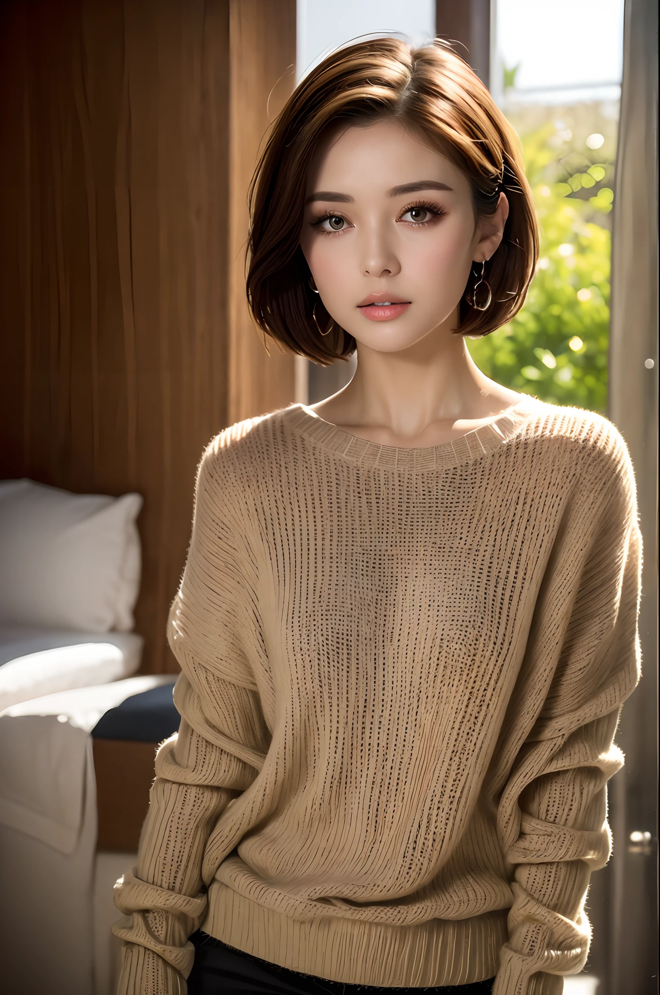 masterpiece, Best Quality, hight resolution, top-quality, 8K, ​masterpiece, 1 girl in, Medium short hair, well-shaped milk, Erotic, elegent, Highly detailed, hyperdetailed face, Vertical plane, Detailed and big eyes, Cat-like eyes, Facing the front, Look at viewers, Light knitted sweater