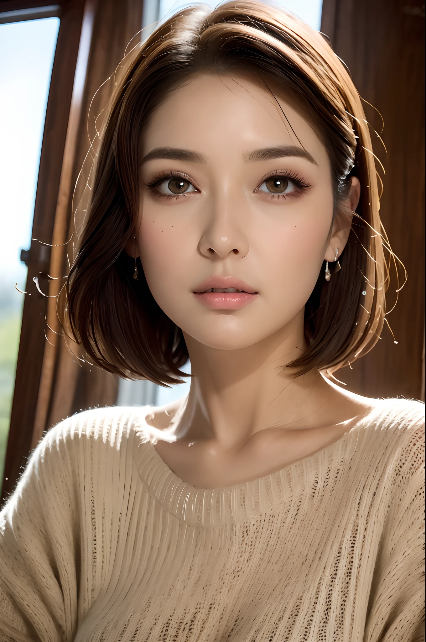 masterpiece, Best Quality, hight resolution, top-quality, 8K, ​masterpiece, 1 girl in, Medium short hair, well-shaped milk, ??????, elegent, Highly detailed, hyperdetailed face, Vertical plane, Detailed and big eyes, Cat-like eyes, Facing the front, Look at viewers, Light knitted sweater