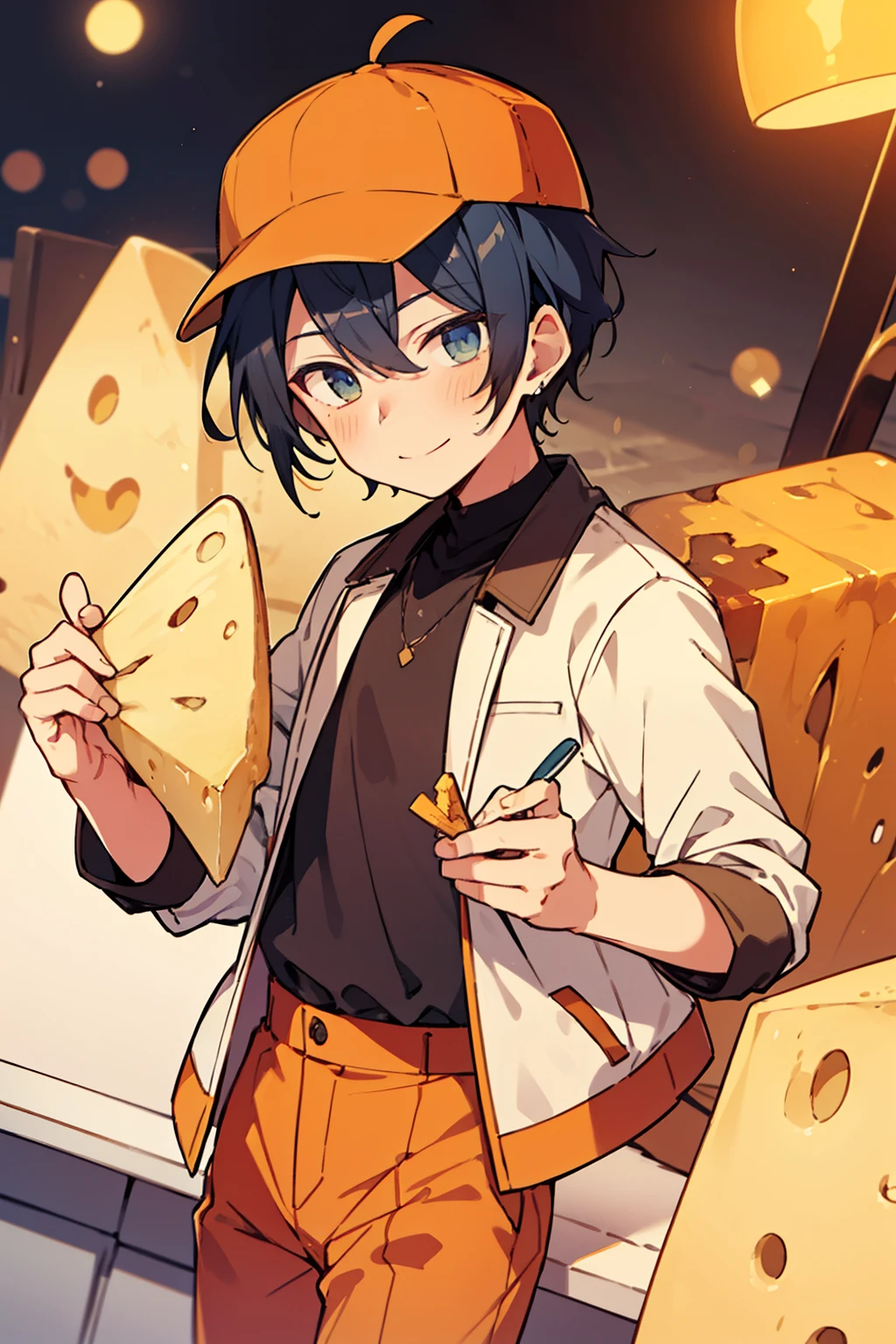 (high-quality, breathtaking),(expressive eyes, perfect face), 1boy, male, solo, short, young boy, cheese color hair, orang eyes, smile, yellow cheese outfit,cheese pants, bokeh backgroun,a cheese hat in the shape of a cheese,holding a cheese,🧀.