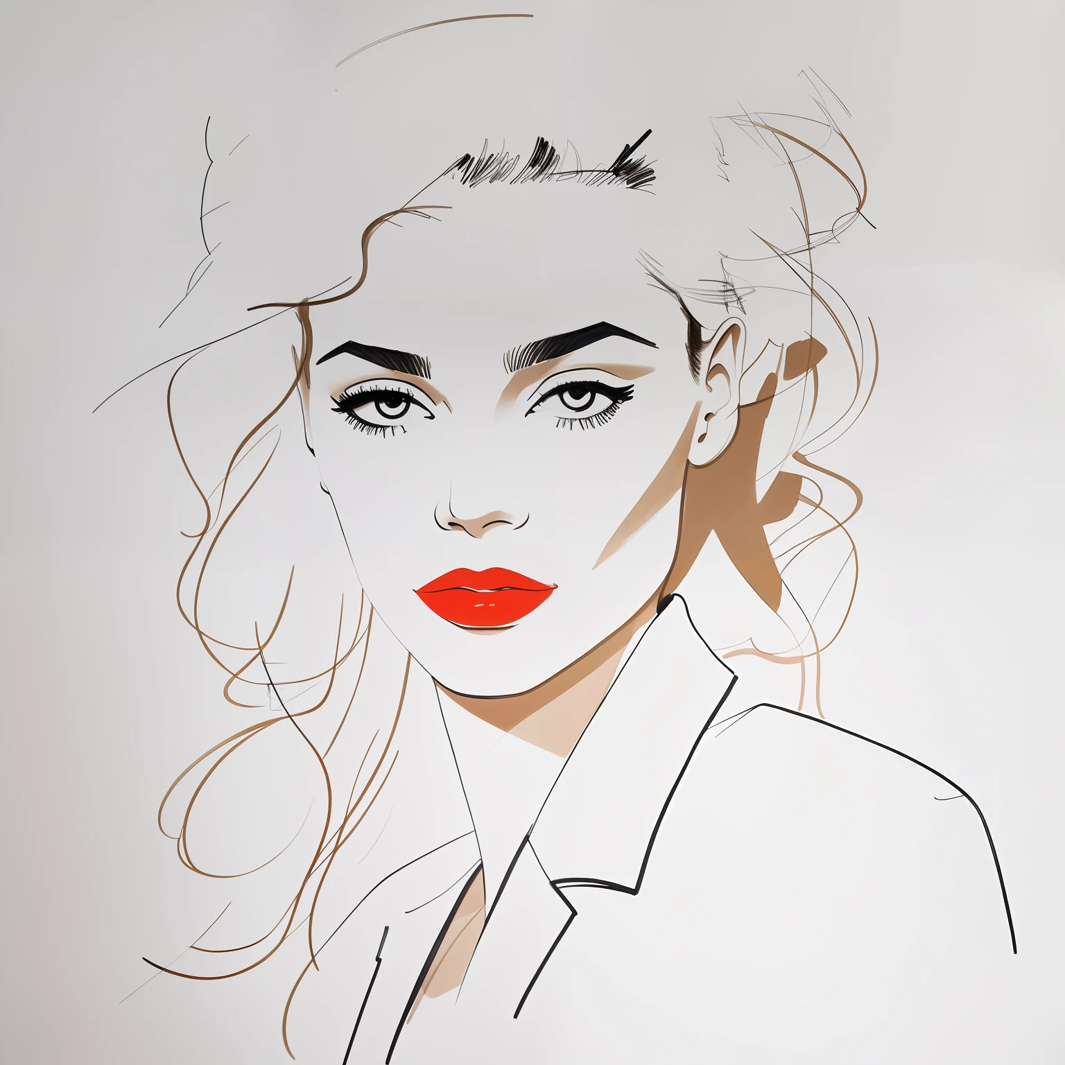 David downton fashion illustration, mustafa soydan drawing, line art sketch on a white background, beautiful woman face portrait, slim figure, jacket, natural color