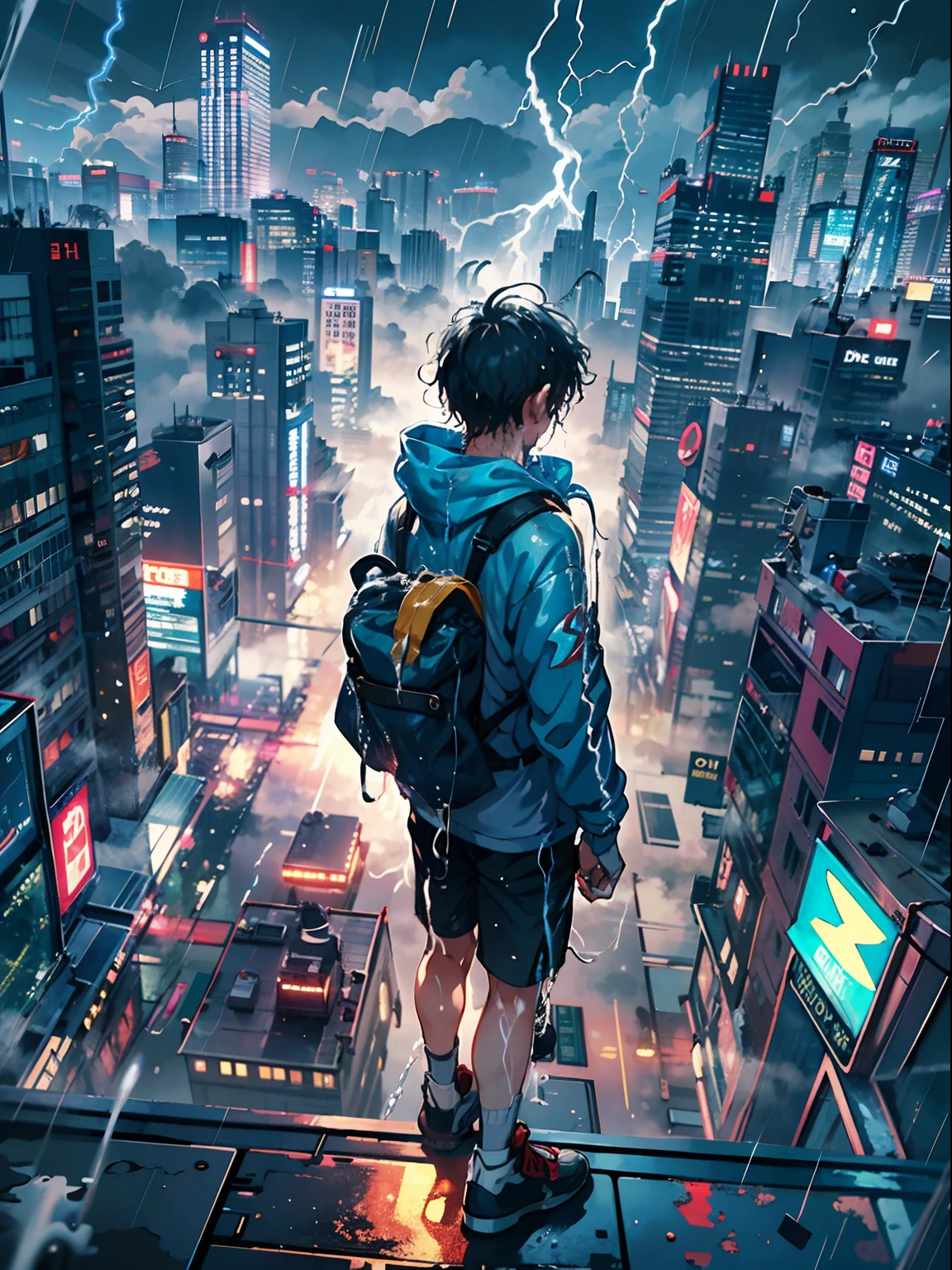 1boy,a 13 yo boy、Wet body、Cyberpunk Boy、The beginning of the adventure、(drenching:2)、(Lightning:1.5)、Lots of clouds,heavy fog、Fog,Chaotic city of the future、Movie dystopia、A group of very tall skyscrapers stands in the center、Very complex cityscape,Crowded Chinese skyscrapers、street signs、streetlights、taxis、buses、Train、Blue lighting,Dark road、Lots of puddles、splash water、Chaotic、Beautiful and fantastic scenery、Cinematic scenery、hightquality、masutepiece,in 8K、hight resolution、