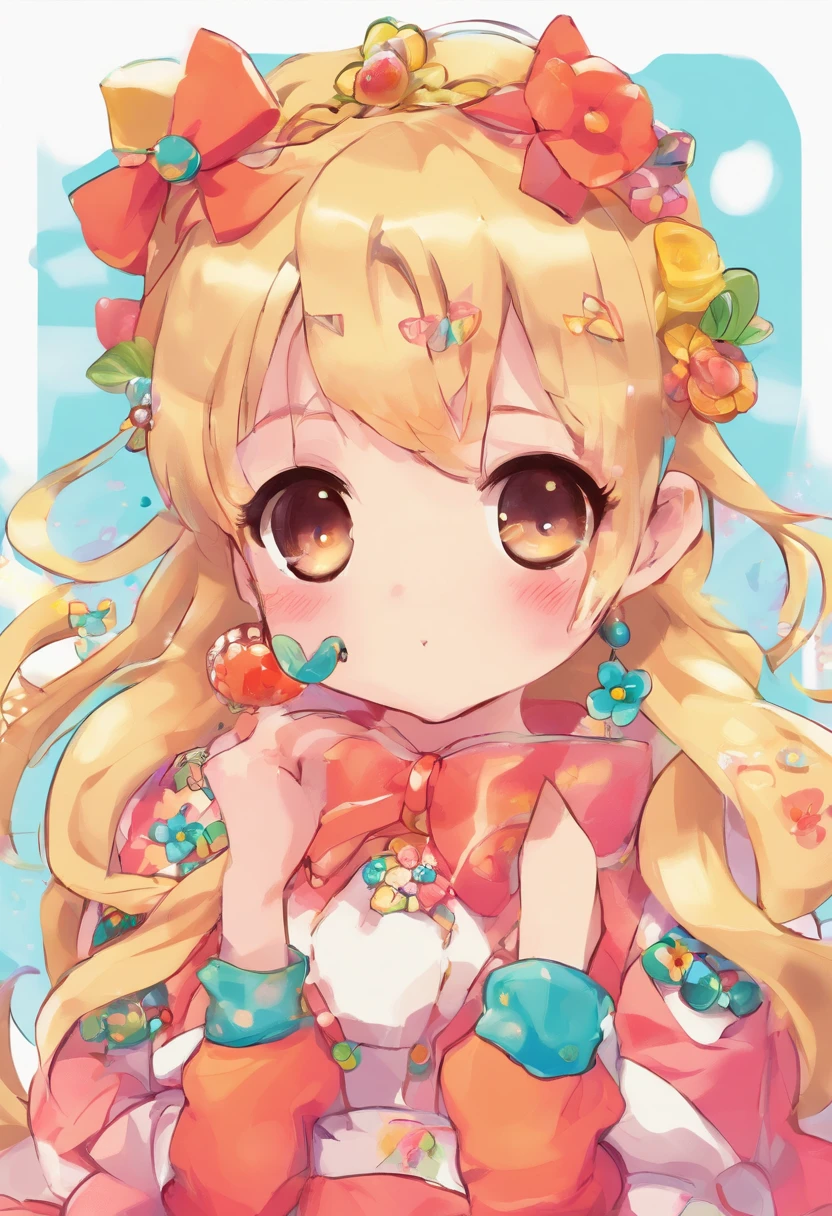 Yayoi Kusama, pink and light blue, centered, nipple seal and low-rise shorts fusion, small, female brat, thick eyebrows, thin waist, pigtails, beautiful blonde, braid, rabbit ears, (masterpiece), ((highest quality)), (super detailed), girl, clean and detailed face, five fingers, textile shading, perfect human body structure, perfect anatomy,