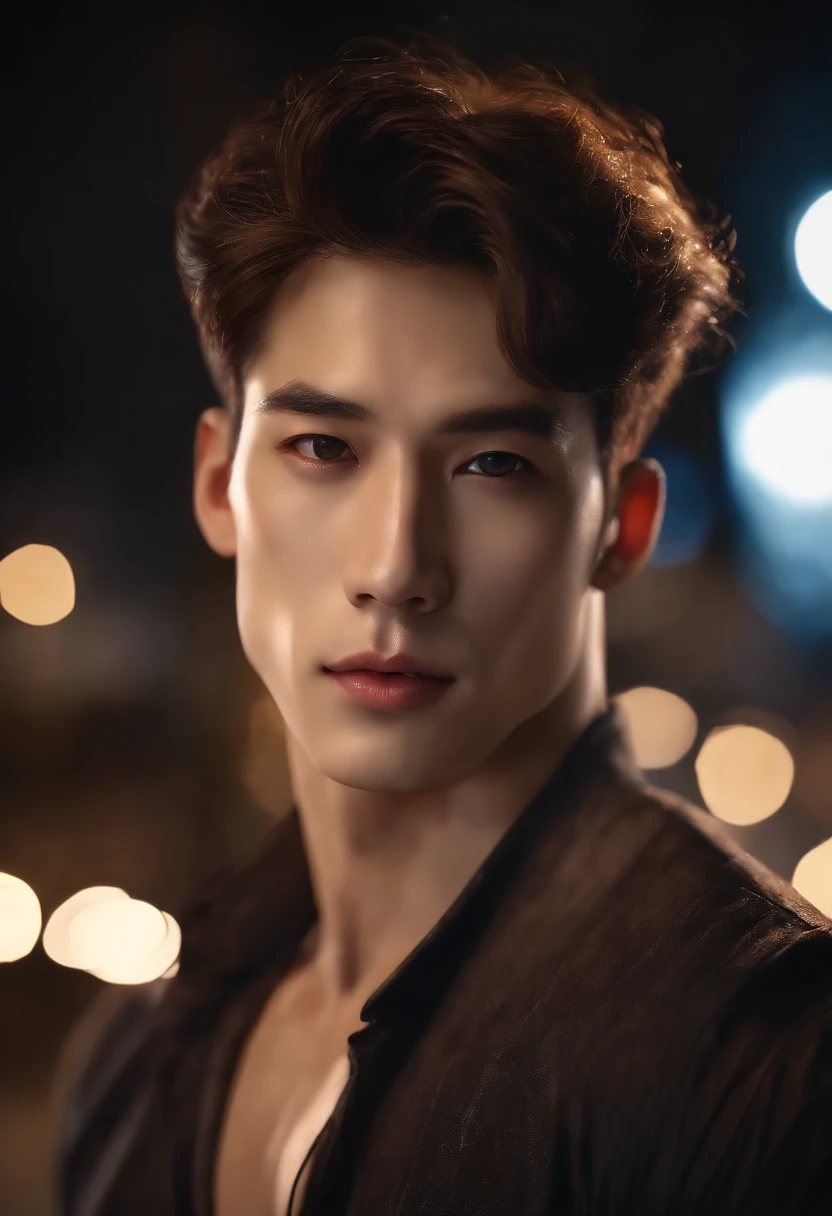 8K, Masterpiece, RAW photography, Best quality, Photorealistic, Highly detailed CG unity 8K wallpaper, Depth of field, Cinematic light, Lens flare, Ray tracing, (Extremely beautiful and attractive face, Beautiful lips, Beautiful eyes), intricate detailed face, (ultra detailed skin), 1 man, In nature, In deep shadows, Beautiful European male, Kpop idol, 1 male, (Very strong and muscular body:1.3), (looki at viewer), (Great firm look) :1.3), (Sleeveless), (Fashion night, Dark night, Neon signs, Blurred background), Fashion Street Night, (people in the back:1.3), Beautiful earrings, bangle, necklace, Pantyhose, Clear eyes, Walking, (Pale skin), (Big eyes), Face forward, (upperbody shots), (baggy clothes:1.3), (Brown hair), (Bosh costumes, (Transparent), (looki at viewer:1.3) Very strong ,, Turn around, (Back shot), Transparent, Medium sized buttocks.