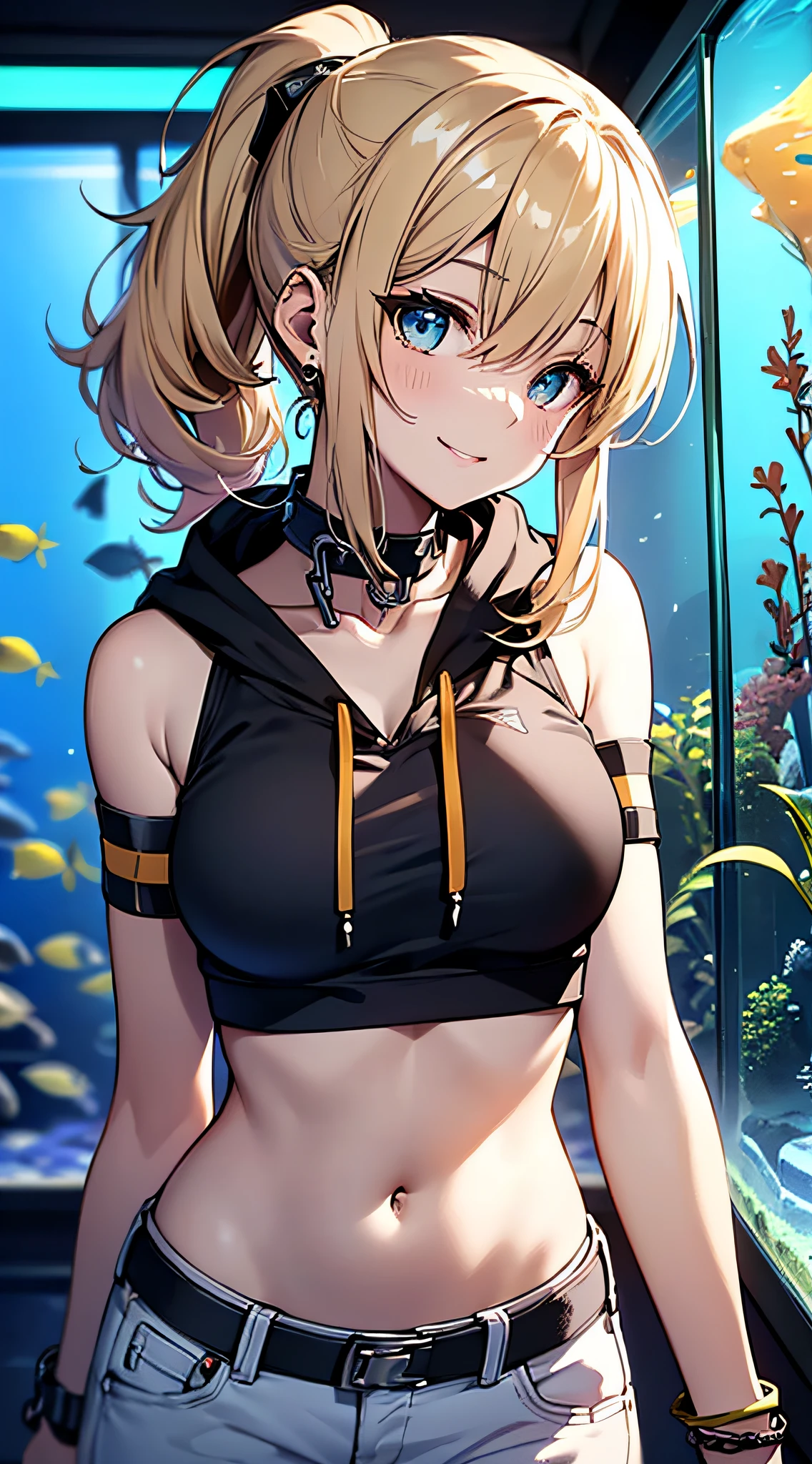 top-quality、Top image quality、​masterpiece、girl with((18year old、tatteredclothing、Black tank top、Black navel reveals short-sleeved hoodie、White pants、Best Bust、Bust 85、a blond、disheveled ponytail、Blue eyes、open chest wide、Happiness、Chain Accessories、Black wristband on wrist、Pointing over there)）hiquality、visualart、Background with((Beautiful aquarium))、masutepiece