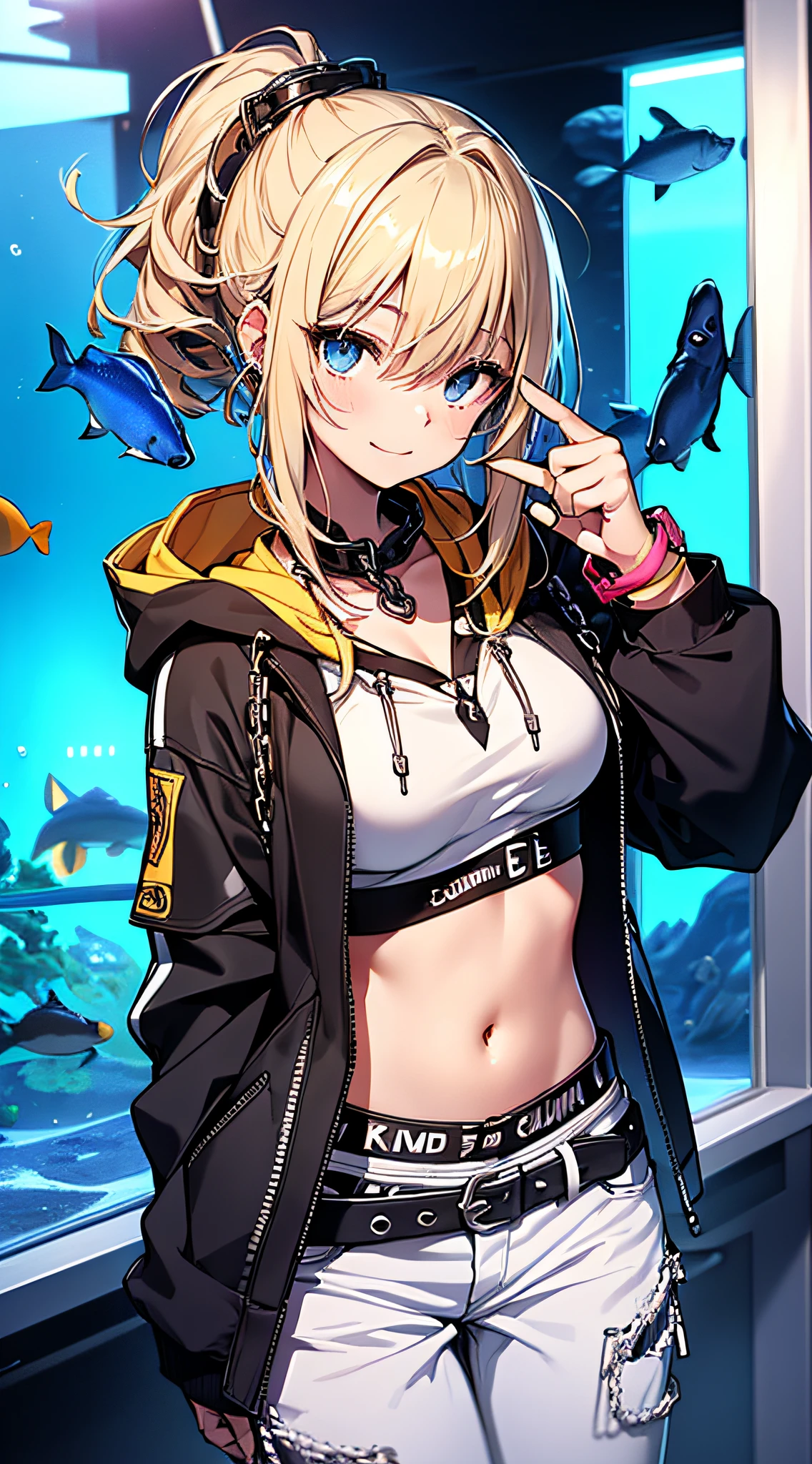 top-quality、Top image quality、masterpiece、girl with((18year old、tatteredclothing、Black tank top、Black navel reveals short-sleeved hoodie、White pants、Best Bust、Bust 85、a blond、disheveled ponytail、Blue eyes、open chest wide、Happiness、Chain Accessories、Black wristband on wrist、Pointing over there))hiquality、visualart、Background with((Beautiful aquarium))、masutepiece