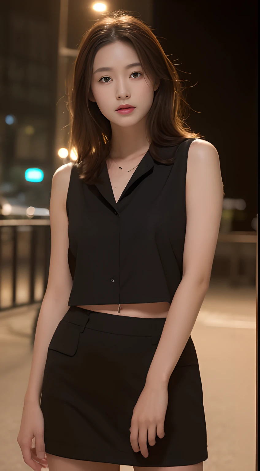 ((the night, 逼真光线, best qualtiy, 8K, tmasterpiece:1.3)), A tall and beautiful woman，Slender abs，Dark brown hair in loose wavy styling，nedium breasts，Wear a pendant，white button-down blouse，obi strip，a black skirt，（Modern architecture in background），Beautifully rendered details in face and skin textures，Detailed eyes，二重まぶた
