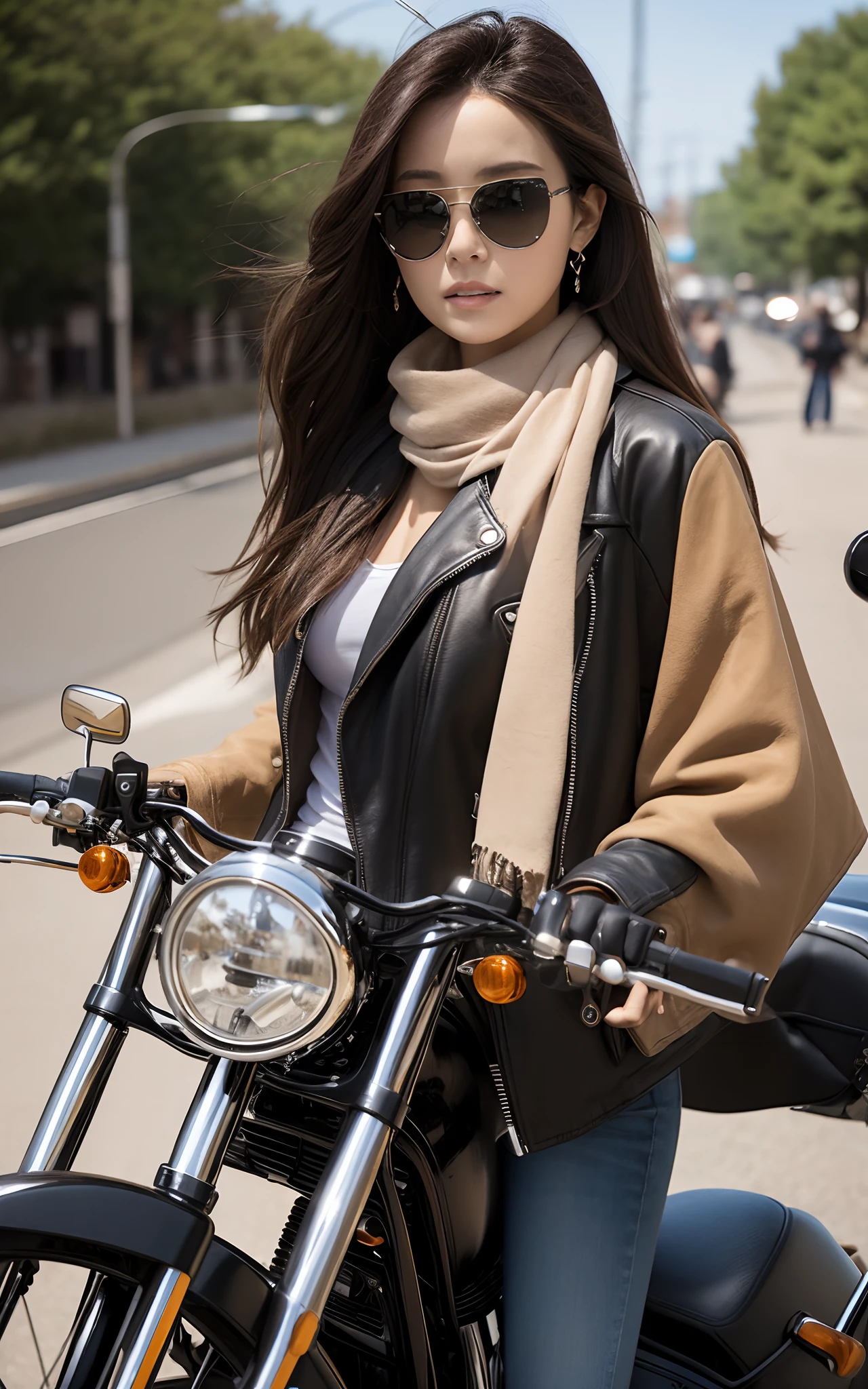 (top-quality、超A high resolution、in 8K、masterpiece、realisitic、Photorealsitic)、Pretty Japan woman、1 persons、Break HA、Brown hair、long、(Colossal tits:1.2)、The upper part of the body、From Side、Detailed hair、hyperdetailed face、Detailed skin、detailed lips、break、Black sunglasses、broad shoulders、Black leather jacket、(Beige muffler:1.2)、denim、(Black High Heels:1.1)、BREAK、(Driving a Harley-Davidson:1.2)、in a street、Grassland of Okuno、Daytime、Strong winds are blowing、Natural lighting
