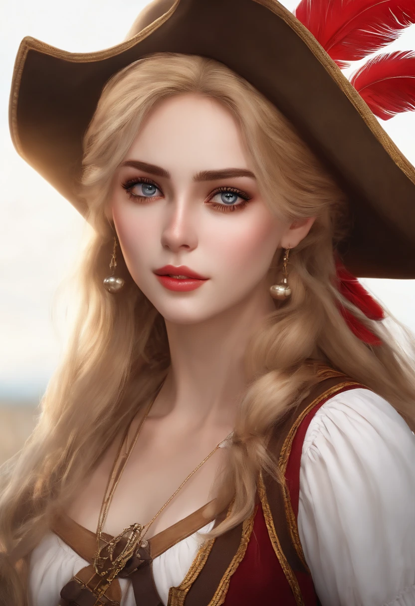 ((top-quality、8K、​masterpiece:1.3))、1 girl in、Pirate Hat、On board、a blond、poneyTail、thick eyebrows、big eye、Point forward、tall、confident look、white  shirt、Brown vest