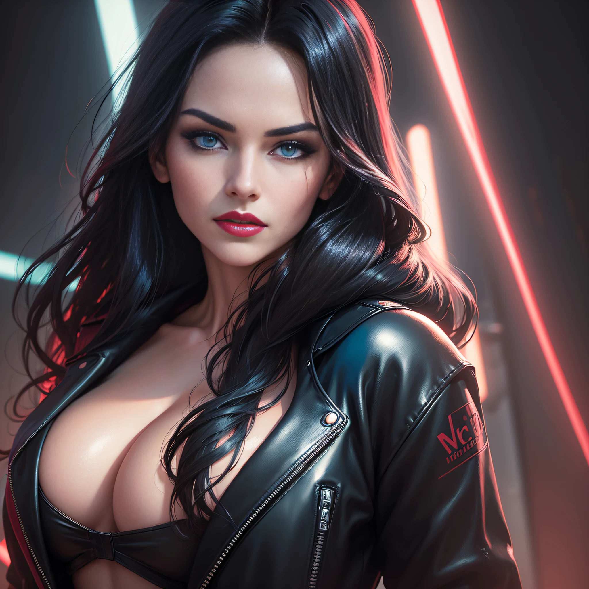 ((masterpiece)), ((realistic)), close up of a woman wearing a black leather jacket and red lipstick, deep cleavage, long wavy black hair neon blue highlights and lighting, martin ansin artwork portrait, detailed sensual face, gorgeous digital art, gorgeous digital painting, beautiful digital artwork, plain black background, neon lighting