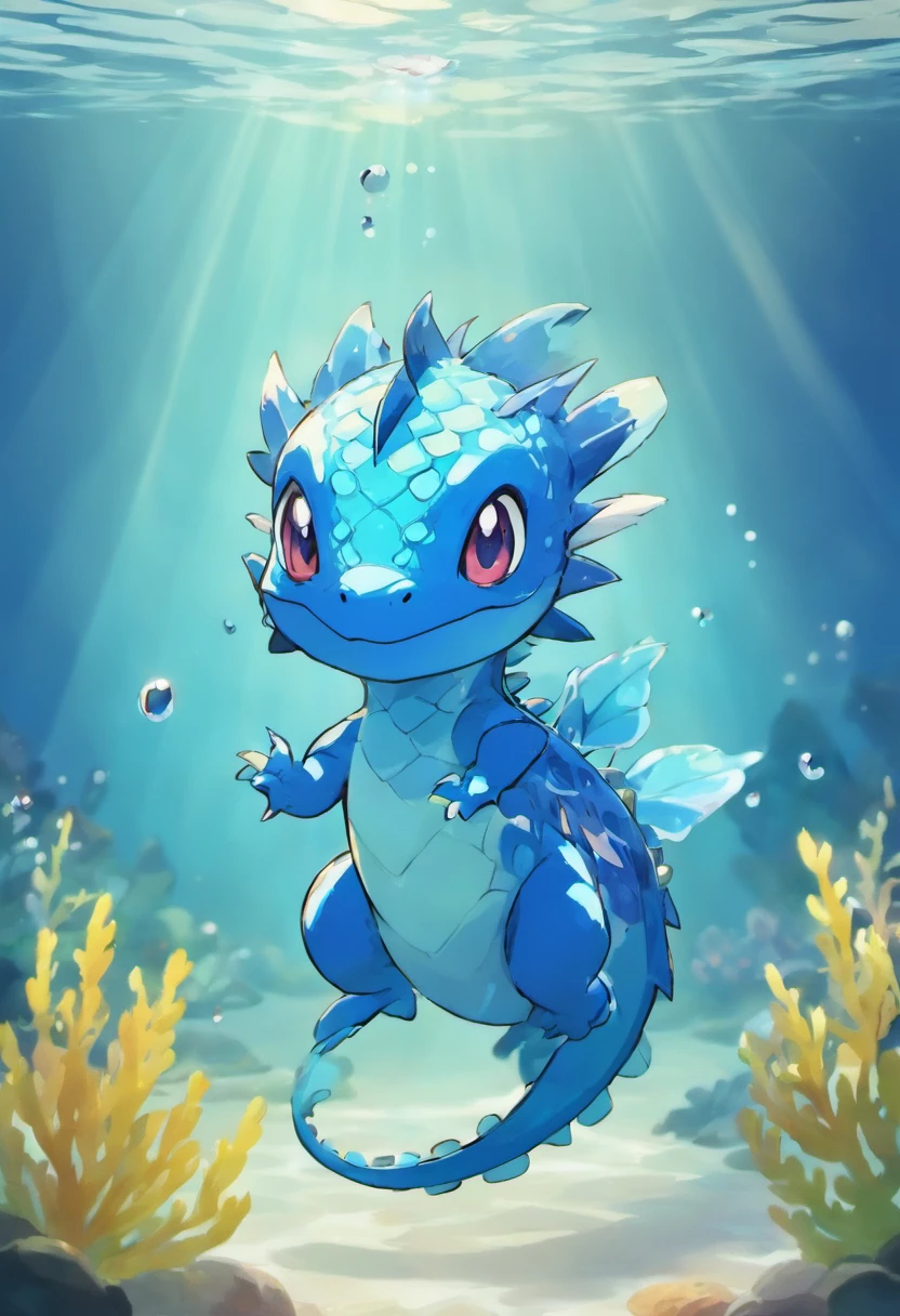 a small cute water dragon underwater