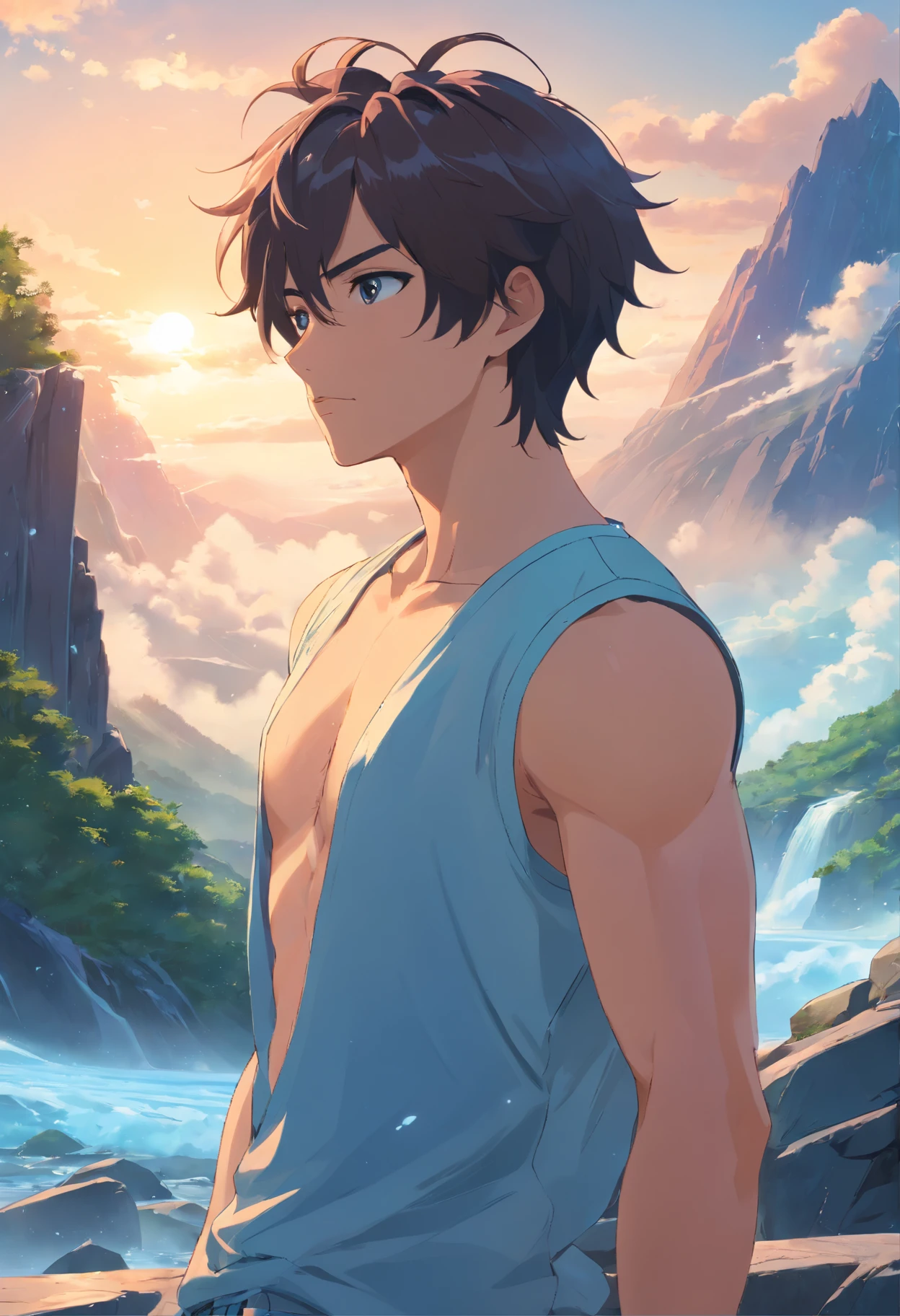 Boy with his back to the camera bathing in the sun on the mountains