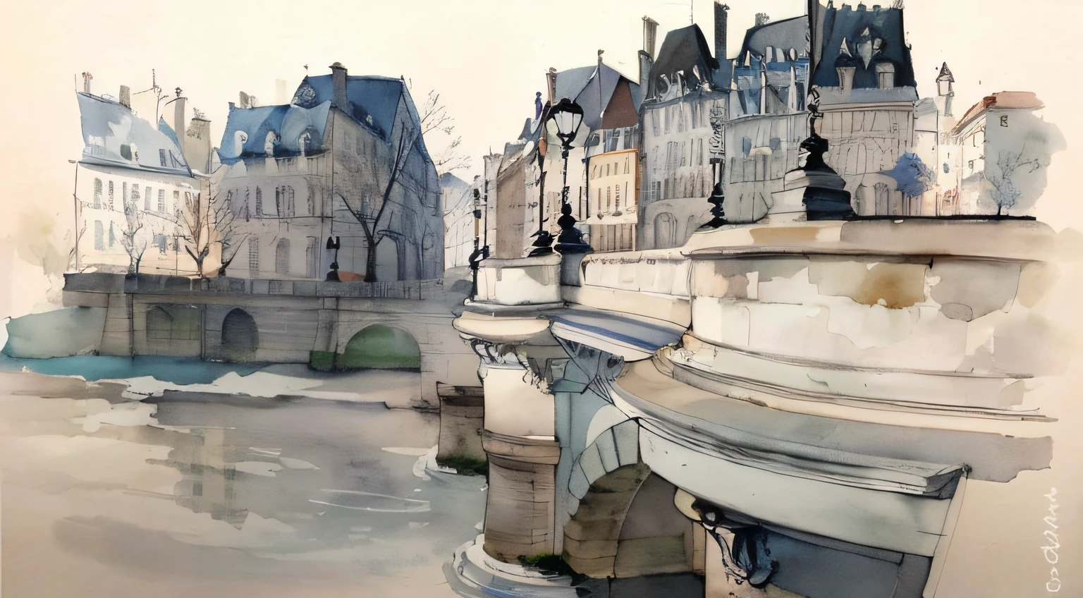 Arafed view of a bridge with a clock tower in the distance, pintura a tinta europeia moderna, architectural painting, tinta e lavagem, estilo de pintura em aquarela, Aquarela detalhada, Directed by: James Paterson, Desenho em aquarela, lavagem de tinta e aquarela, arte detalhada em aquarela, Arquitetura francesa, pintura de lavagem de tinta, Directed by: Louise Abbéma, high quality architectural art, Aquarelas de alta qualidade